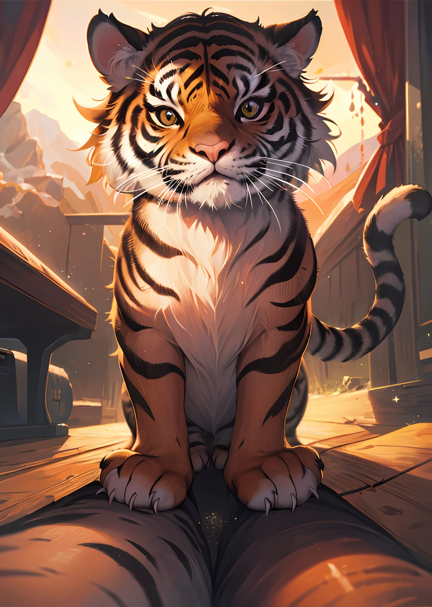 Cute chubby tiger cat, cat paws, space, pov, very extreme close up portrait, better paws, better feet, pet tiger, on all fours, mountain, stars, natural light