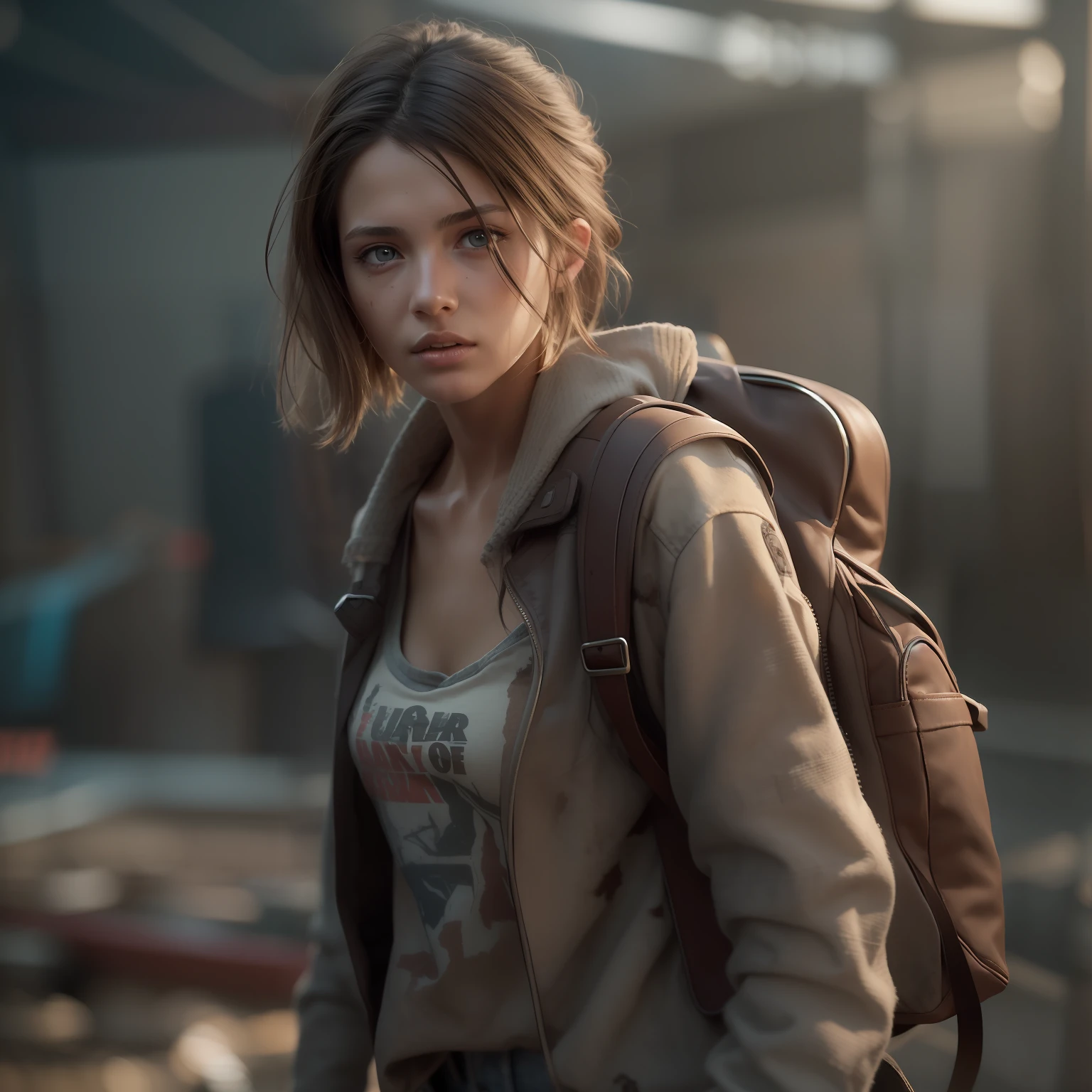 Post-apocalypse survivor, a slim and beautiful caucasian female with brunette hair, backpack, wearing a little torn cotton clothes, dynamic pose, hyper detailed hazel eyes, slight smile, hyper detailed face, gritty, focus on intricate detail and realism, sharp focus, perfect, model, masterpiece, cinematic warm lighting, rough, textured