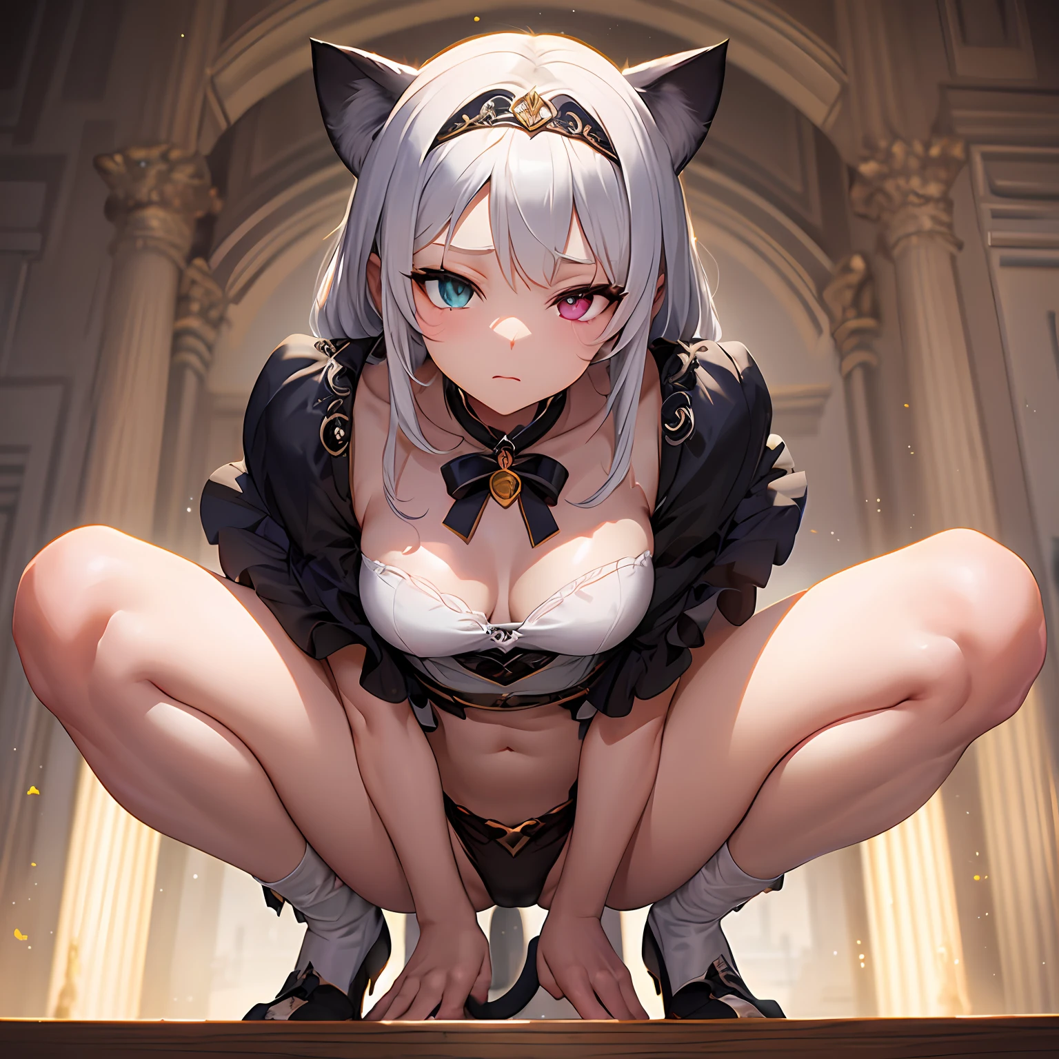 --2d anime --Anime --Primeiro trabalho --anime premiado, --Garota elfa (((--Heterocromia))) --Long white hair --Seductive standing pose --Small breasts --Small ass --Style "Loli" --(((cat face))), --Detailed digital art --High quality 8K --Detailed Artgerm --Aesthetic perfection --Intricate details --Cinematic lighting --Lighting highlight --SSAA --Smooth rendering --No noise --Dynamic scenery of the imperial palace of fantasyland --Rudeus Style.