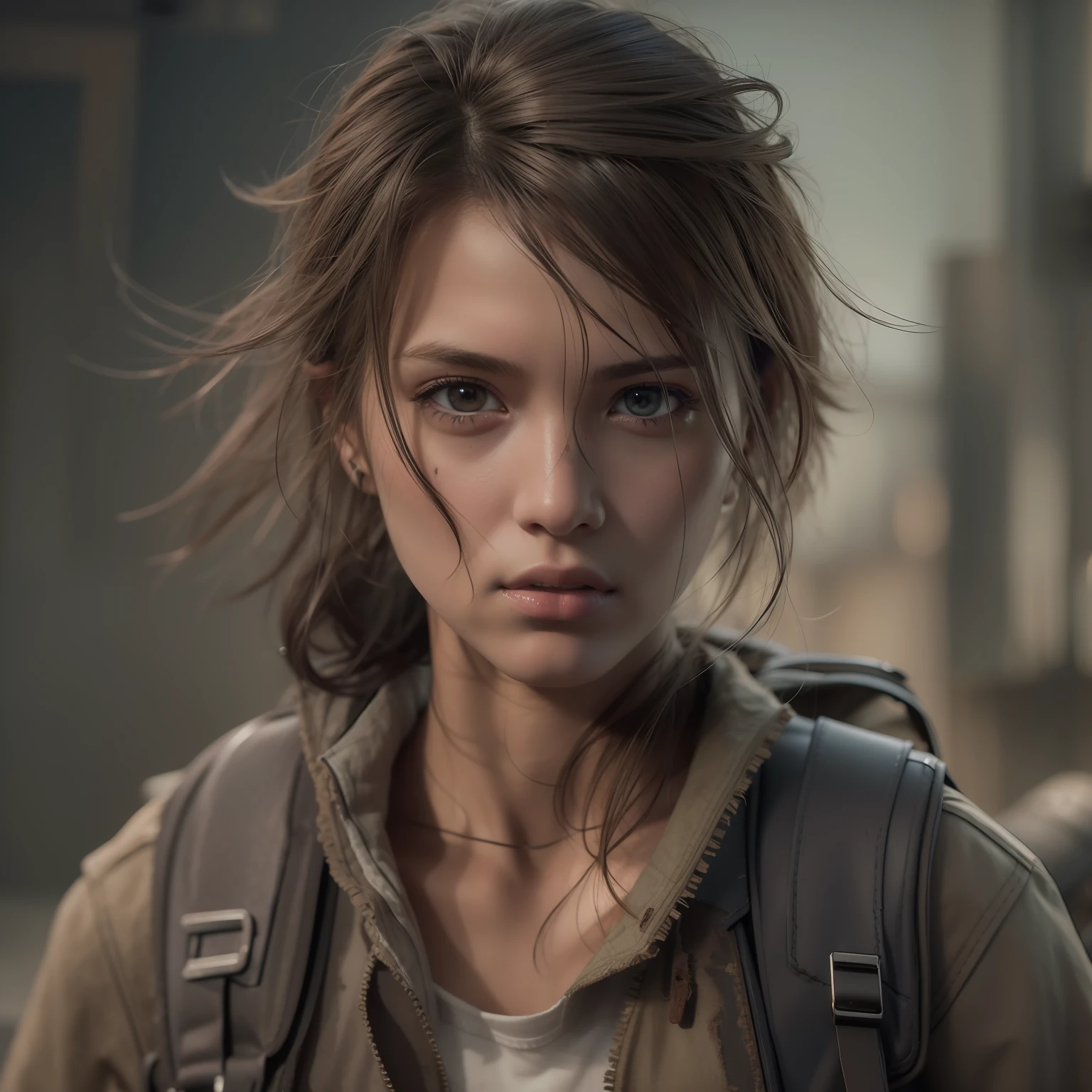 Post-apocalypse survivor, a slim and beautiful caucasian female with brunette hair, backpack, wearing a little torn cotton clothes, dynamic pose, hyper detailed hazel eyes, slight smile, hyper detailed face, gritty, focus on intricate detail and realism, sharp focus, perfect, model, masterpiece, cinematic warm lighting, rough, textured
