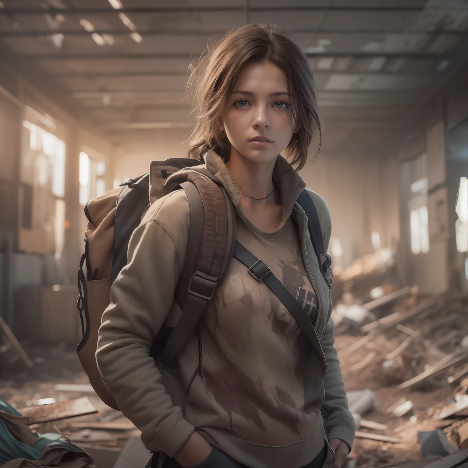 Post-apocalypse survivor, a slim and beautiful caucasian female with brunette hair, backpack, wearing a little torn cotton clothes, dynamic pose, hyper detailed hazel eyes, slight smile, hyper detailed face, gritty, focus on intricate detail and realism, sharp focus, perfect, model, masterpiece, cinematic warm lighting, rough, textured