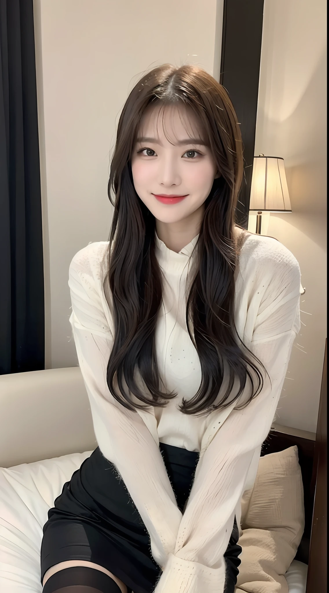(1 Korean star with royal sister style), ((Best quality, 8K, 巨作: 1.3)), focal point: 1.2, Perfect body proportions: 1.4, (Make a smile), (Ray traching),Watery eyes, Highly Detailed Face and Skin Textur, Fine eyes, Double eyelids, Whitens the skin, (long whitr hair, Air bangs: 1.3), (face round: 1.5), (Skirt: 1.4), ,(black lence stockings: 1.4),(JK style:1.4),