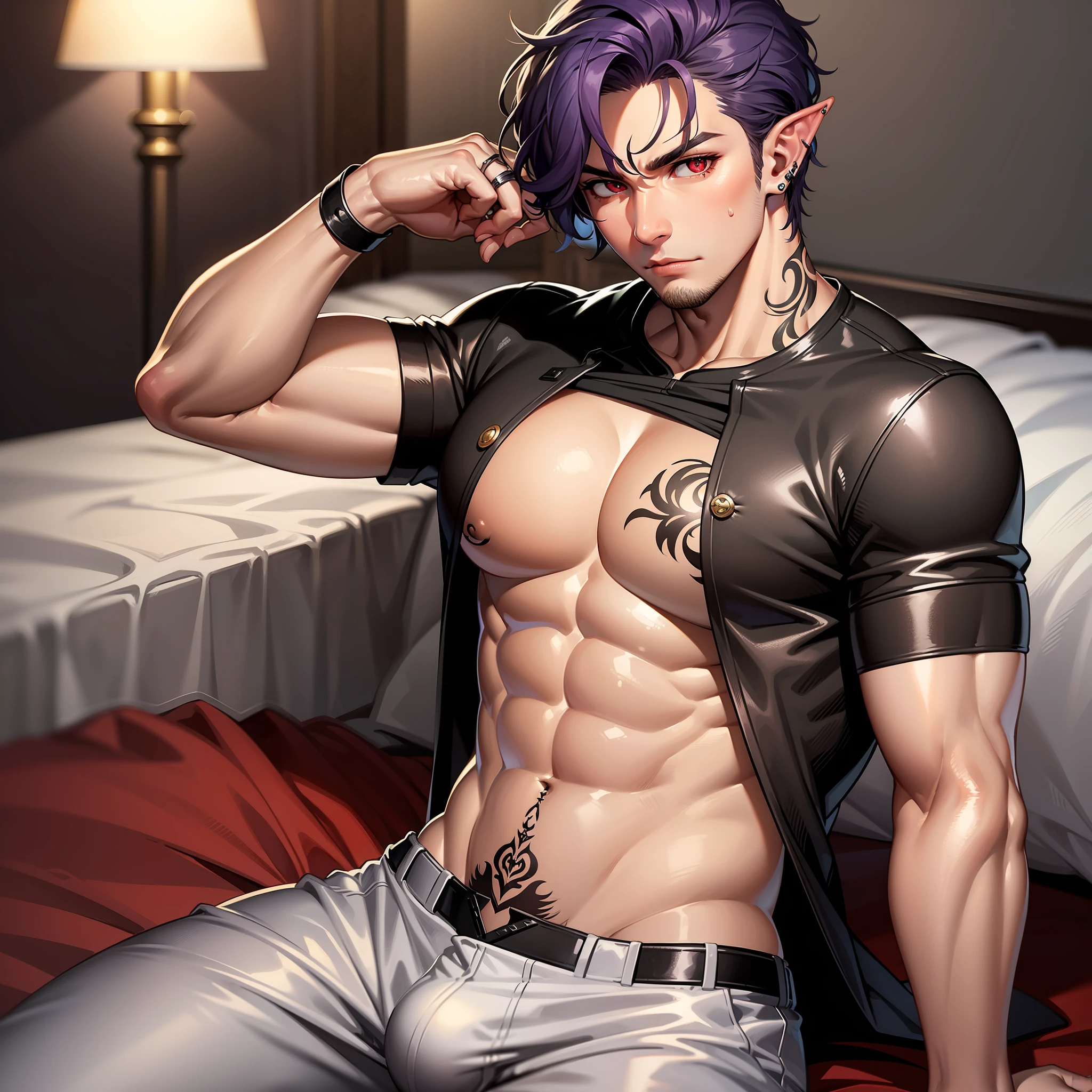 Handsome male, purple hair, short hair, wavy hair, detailed body, detailed hands, horns, expressionless, arrogant expression, red eyes, roman nose, almond eyes, baggy T-shirt, black t-shirt, cocky, nightfall, handsome, bushy brows, pointy ears, ear piercings, rings, good looking, tattoos, dark skin, brown skin, charming, good quality, huge bulge in pants, black sweatpants, manly, sitting on bed, buff man
