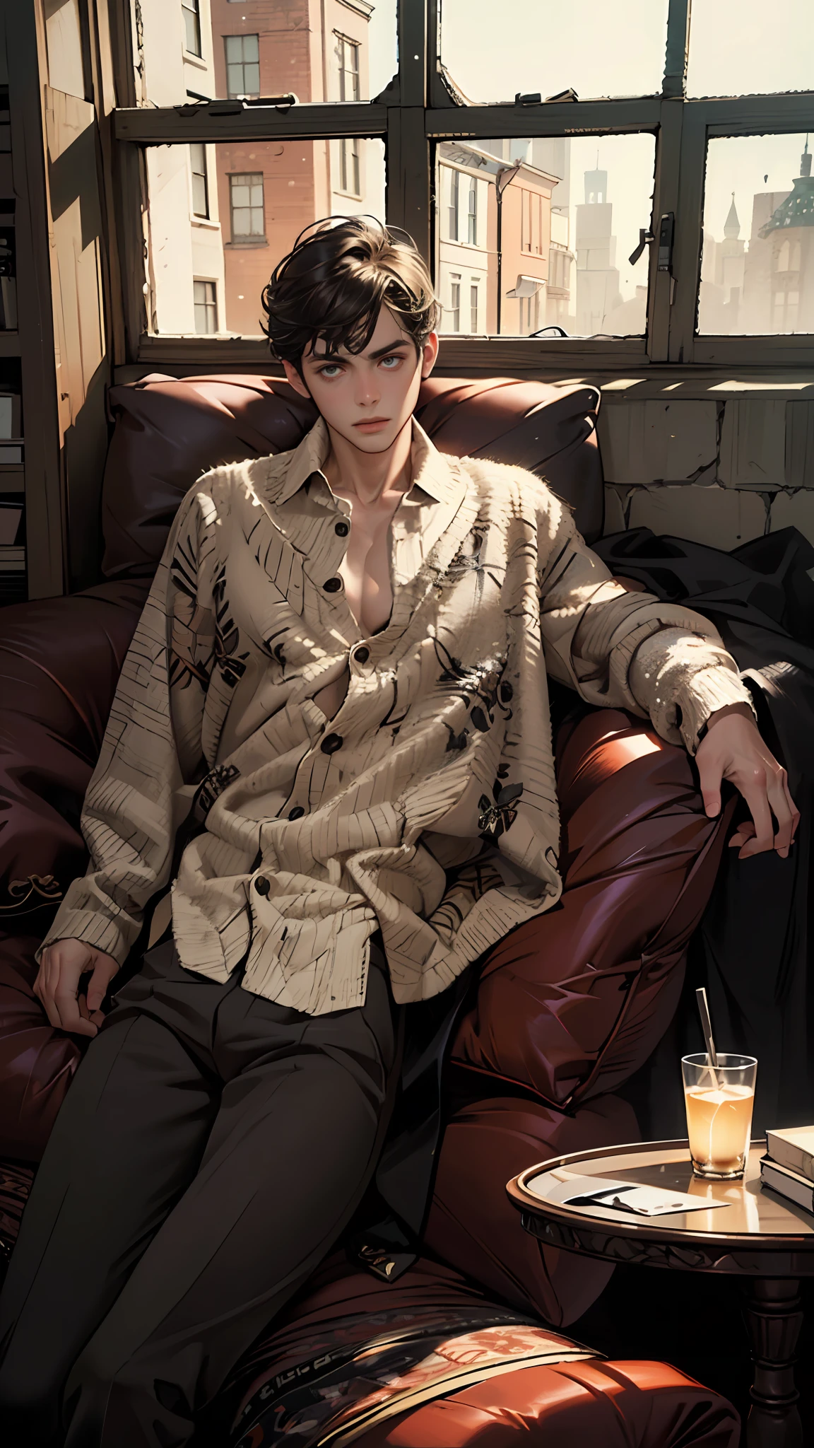 best quality, masterpiece, (photorealistic:1.4), 1youthful man,22 years-old, ultra high detail face,solo, short hair, big eyes, coat,long sleeves, upper body, dramatic lighting, looking at viewer, Sit in a chair, indoors, living room, tables, carpet, wooden floor, decorations, window, sunshin