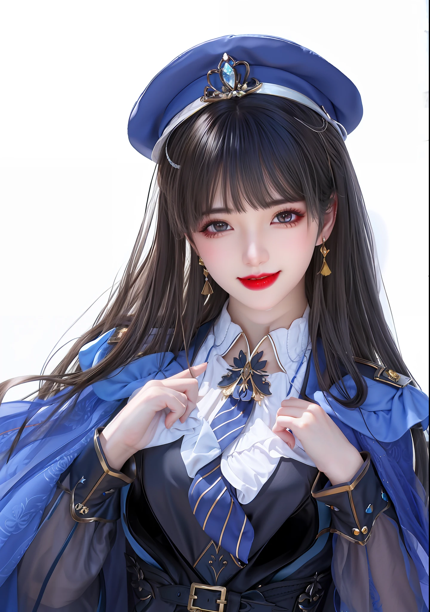 brunette color hair，Hats，yellow-eyed，Royal Sister，Redlip，Ruddy mouth，ssmile，The mouth is slightly open，offcial art，Unity 8k壁纸，ultra - detailed，Aesthetics，tmasterpiece，best qualtiy，realisticlying