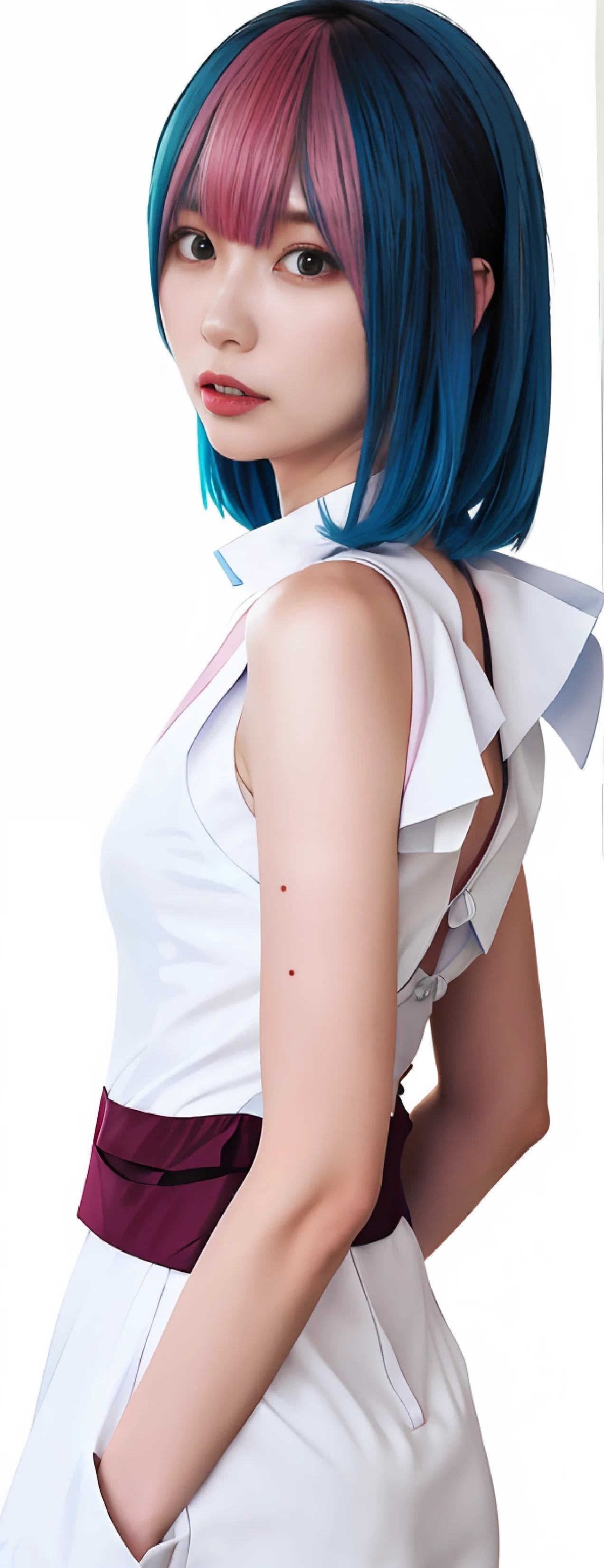 Close up of a woman with blue and pink hair, bshoulders, Korean girl, décolleté, collar around neck, white polygonal dress, white cyborg fashion shot, white hime cut hairstyle, on a mannequin. high resolution, Rei Ayanami, Detached sleeves, kasumi arimura style 3/4, ayanami --auto