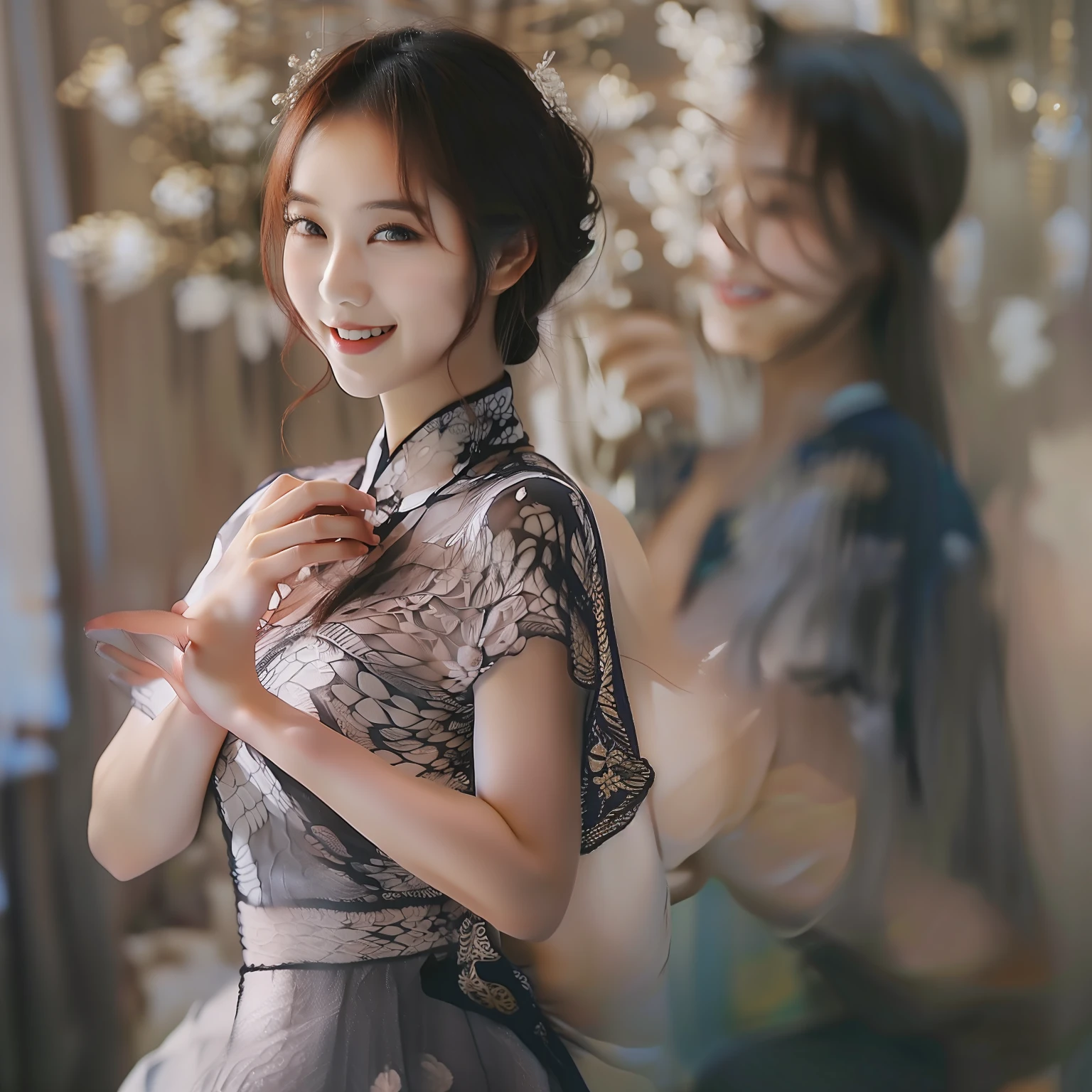 The most beautiful Asian woman, Smile, depth of fields, nffsw, high details、full bodyesbian、