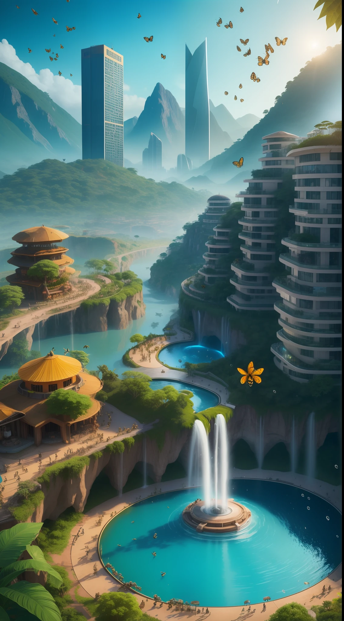 Beehive city in a jungle, super vibrant, extremely detailed, photorealistic, jungle, 8k, raining, birds, butterflies, multi colored bees, cybernetic power generating mountains, snow, high res, dslr, with fountain flowing cyan water, technologically advanced city, skyscrapers, bees, bee hives
