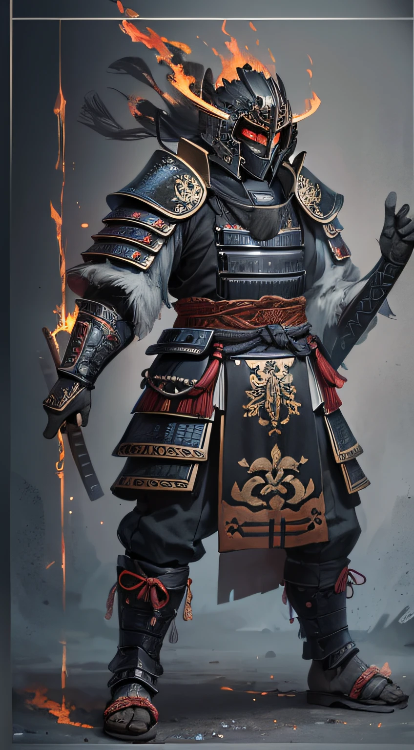 tmasterpiece， best qualtiy， 1人， samurai armor， Helmet Ghost Evil Mask， iintricate， Decorations detailed， cool colours，low-saturation，Black, white and gray tones， metals， egypician detail， highly intricate detail， realistic raytraicing， Popular on CGsociety， glowing light eyes， facing at the camera，Fire detail， hyper realistic detailed， portrait full body， Japanese atmosphere， globalillumination， shadowing， rendering by octane， 8K， Super sharp
