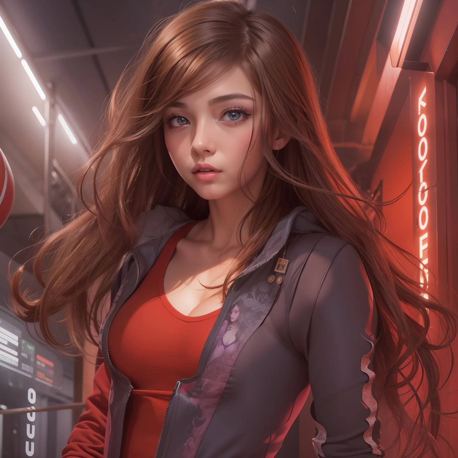 1 girl, 24 year old girl, body portrait, pretty face, charming expression, big purple eyes, long brown hair, tight-fitting red leotard, thick legs, dynamic pose, highly detailed, grunge, contour light, ink, calligraphy, acrylic, digital illustration, comic style, stunning background, perfect anatomy, centered, approaching perfection, dynamic, highly detailed, station art, concept art, soft, sharp focus, illustration, global illumination