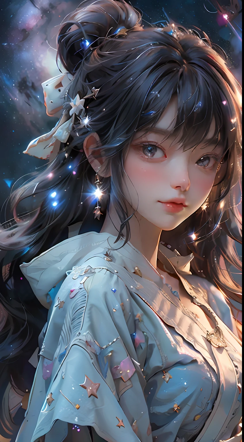 High detail, super detail, super high resolution, girl enjoying her time in the dream galaxy, surrounded by stars, warm light sprinkled on her, background is starry sky with colorful galaxies and galaxy clouds, stars flying around her, delicate face, adding playful atmosphere , --v6