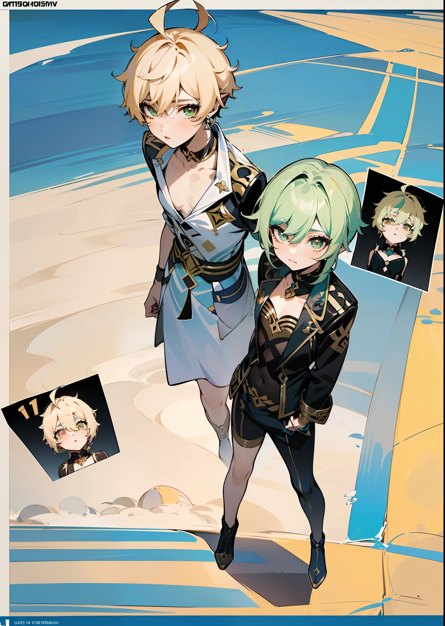 Side ponytail, ((Nahida \ (Genshin Impact\))), multicolored hair, (hair between the eyes)), gray hair, green hair, green eyes, ((flat chest)), (photorealistic: 1.4), (masterpiece: 1.4), (best quality: 1.4), 1 girl, ultra high resolution, (((detailed facial features)), (((full body)), small hands, Kpop idol, egyosar,, ( ulzzang-6500-v1.10.66),((Cruciform pupil)),When you look at the viewer,((Pointed ears)),(Sunlight),(Beach: 1.31)(Wed: 1.41),Standing on one leg,From the side,(((Flat chest)),Plane of symmetry,Between legs