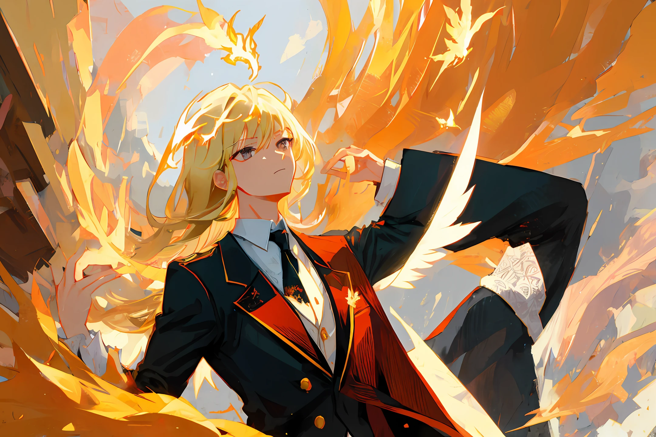 Two-dimensional handsome, blonde, phoenix, white, black eyes