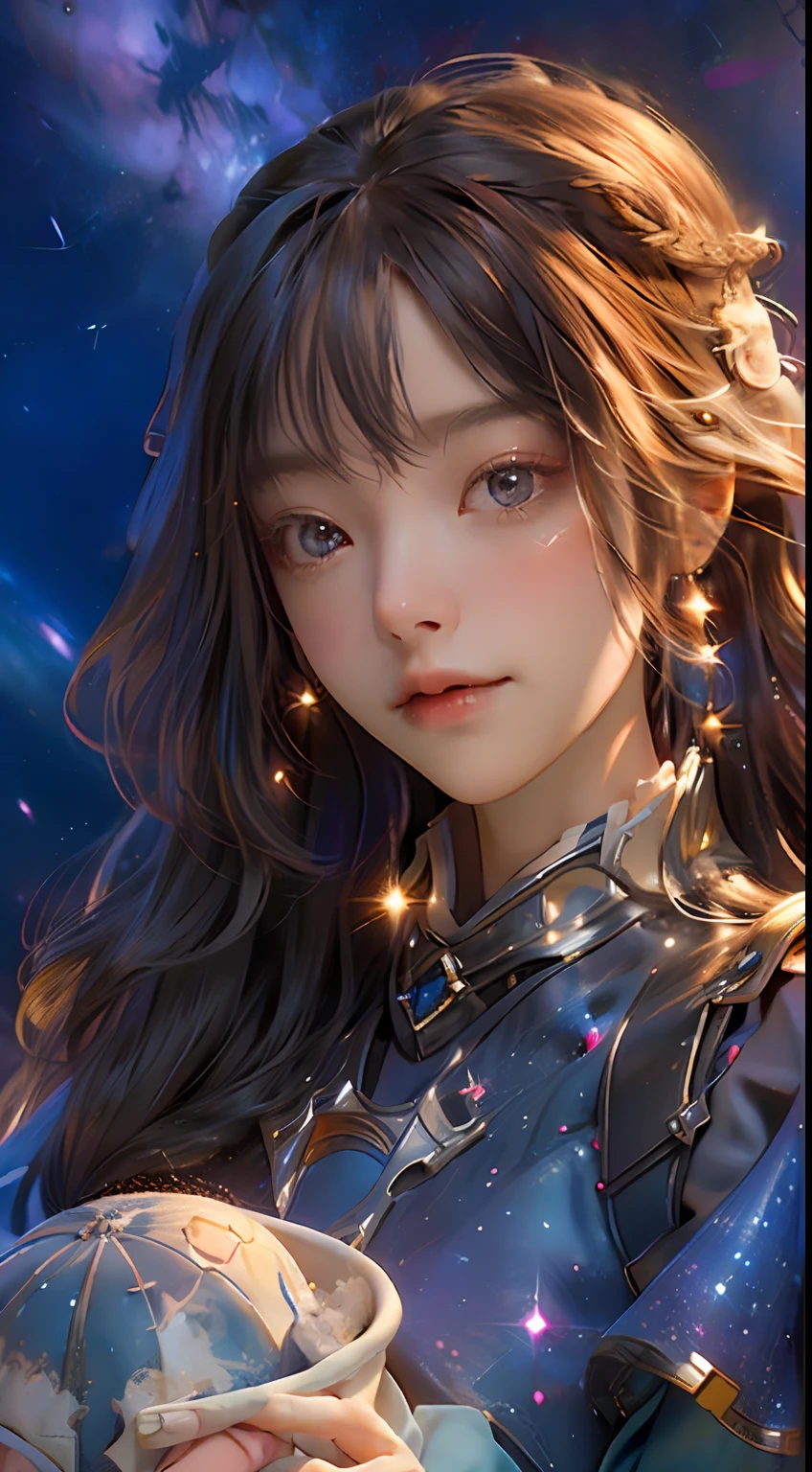 High detail, super detail, super high resolution, girl enjoying her time in the dream galaxy, surrounded by stars, warm light sprinkled on her, background is starry sky with colorful galaxies and galaxy clouds, stars flying around her, delicate face, adding playful atmosphere , --v6