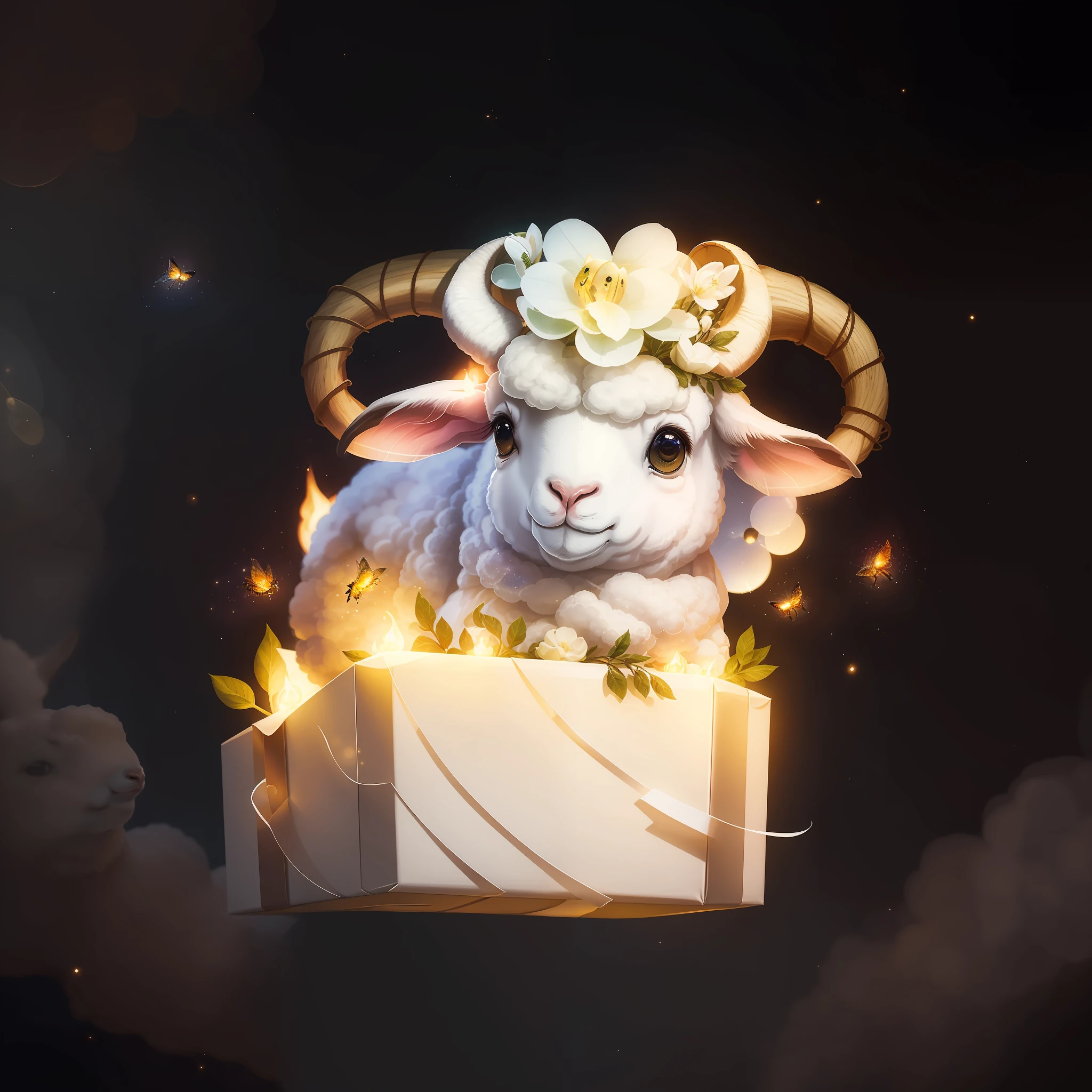 Gift box，A lamb pops out，Fireflies fly around，The lamb looks at a firefly，The lamb's eyes were resolute，Full of positive atmosphere