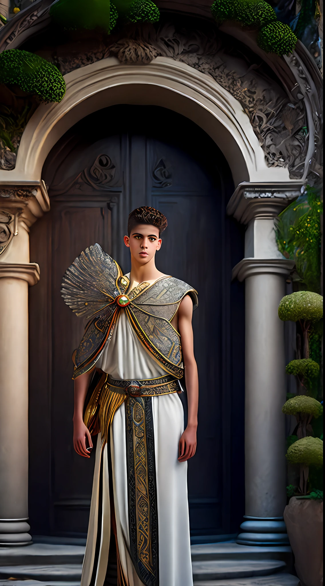 15-year-old teenage boy in gladiator dress at the Entrance to Mount Olympus Greece Ornate heavy bow, Beautiful, exuberante, Intricate tree branches, en el patio una Fuente de agua, Angle low, Gladiador fotorrealista y su perro doberman muy apoderado, muelle 200 mm, Far-angle shooting, Full-angle shooting, Macro de primavera, telefoto, lente ultra gran angular