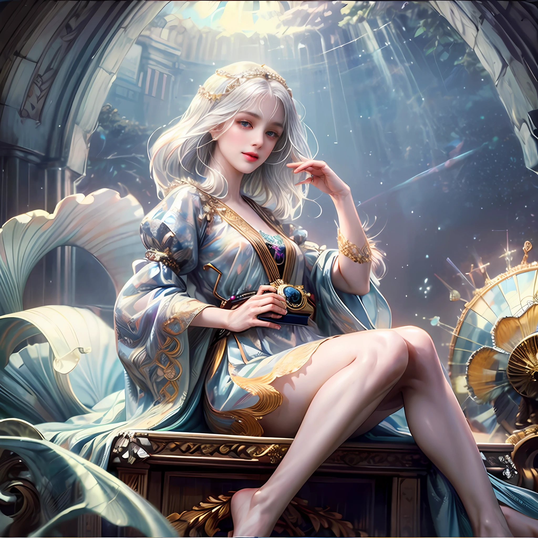 (((Extremely detailed))), 1girll, Solo, mysterious, vivd colour, Shiny, Underwater transparent sealed hemispherical glass dome, (White hair), (Purple eyes), full body, Barefoot, Long hair is calm and natural, Koi, Underwater, Dome, Close up, Dynamic actions, Lens perspective, (((Box composition))), sitting cross-legged，Leaning against the bookshelf, voluminetric lighting, multi colored eyes, Detailed eyes, ultra - detailed, Light smile, Highly detailed, Beautiful, small detailed, Ultra detailed, Intricate, trending on artstationh, Good anatomy, Beautiful lighting, Award-winning, illustration, (((Masterpiece))), (((Best quality))), Best quality, 4K, 8K  [(Transparent background:1.5)::5]