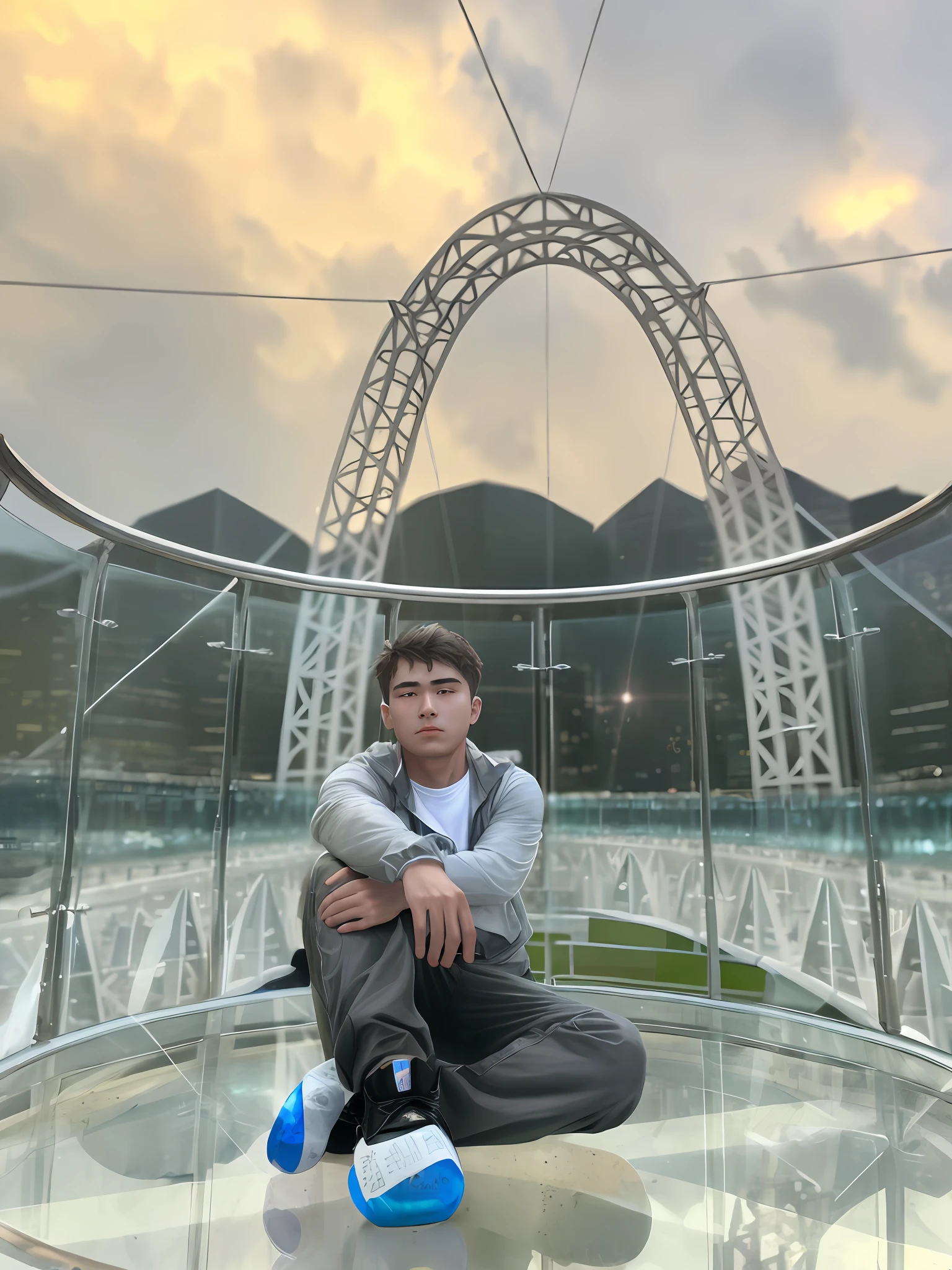 lonely young man with piece of paper with text, surreal metropolis, night lights, city square, skyscrapers , Chinese lamps, crowd of people, hyperrealism, holding a kettlebell, full body