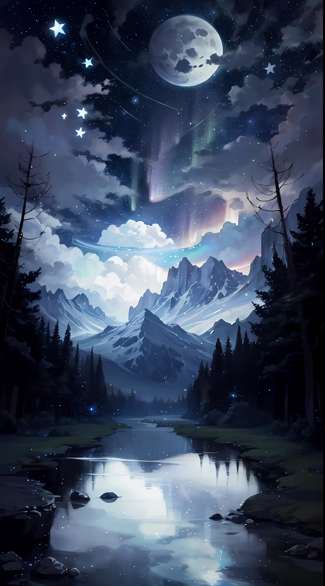 A painting of a river with stars and a huge moon in the sky,There are also auroras in the sky,The concept art was inspired by Tosa Mitsuoki,Pixiv competition winner,best qualtiy,Fantasyart,beautiful anime scenes,A bright moon,Starry sky environment in moonlight,Dream painting,Anime background art,dream scenery art,Fantastic night, anime backgrounds, background artwork, dreamlike art, Atmospheric anime, starrysky,Detail Enhancement。