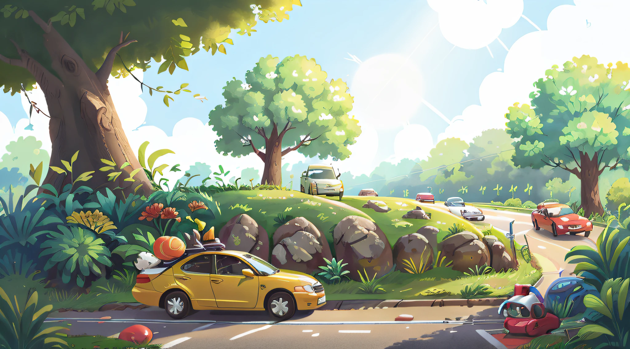 A car driving on a highway，The road is lined with low trees，Summer scene，夏天，the Sun Shining，（Skysky：1.3）Side view of the scene，Perfect quality，Clear focus ，（tmasterpiece：1.2） （Cartoony：1.5） （Bokeh） （best qualtiy）