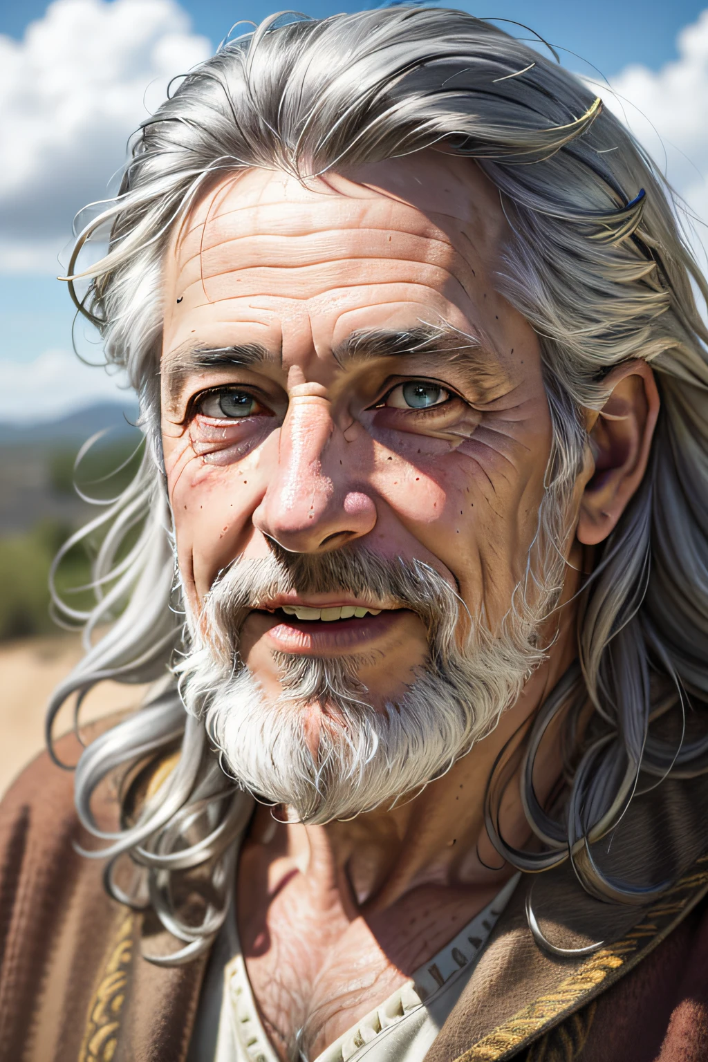 natural light (masterpiece:1.2) (photorealistic:1.2) (bokeh) (best quality) (detailed skin:1.3) (intricate details) (8k) (HDR) (cinematic lighting) (sharp focus) , photorealistic, face portrait, rugged elderly hippy man, solo, outdoors, letterboxed, day, sky, looking at viewer, cloud, brown eyes,( grey hair:1.2), depth of field, light smile