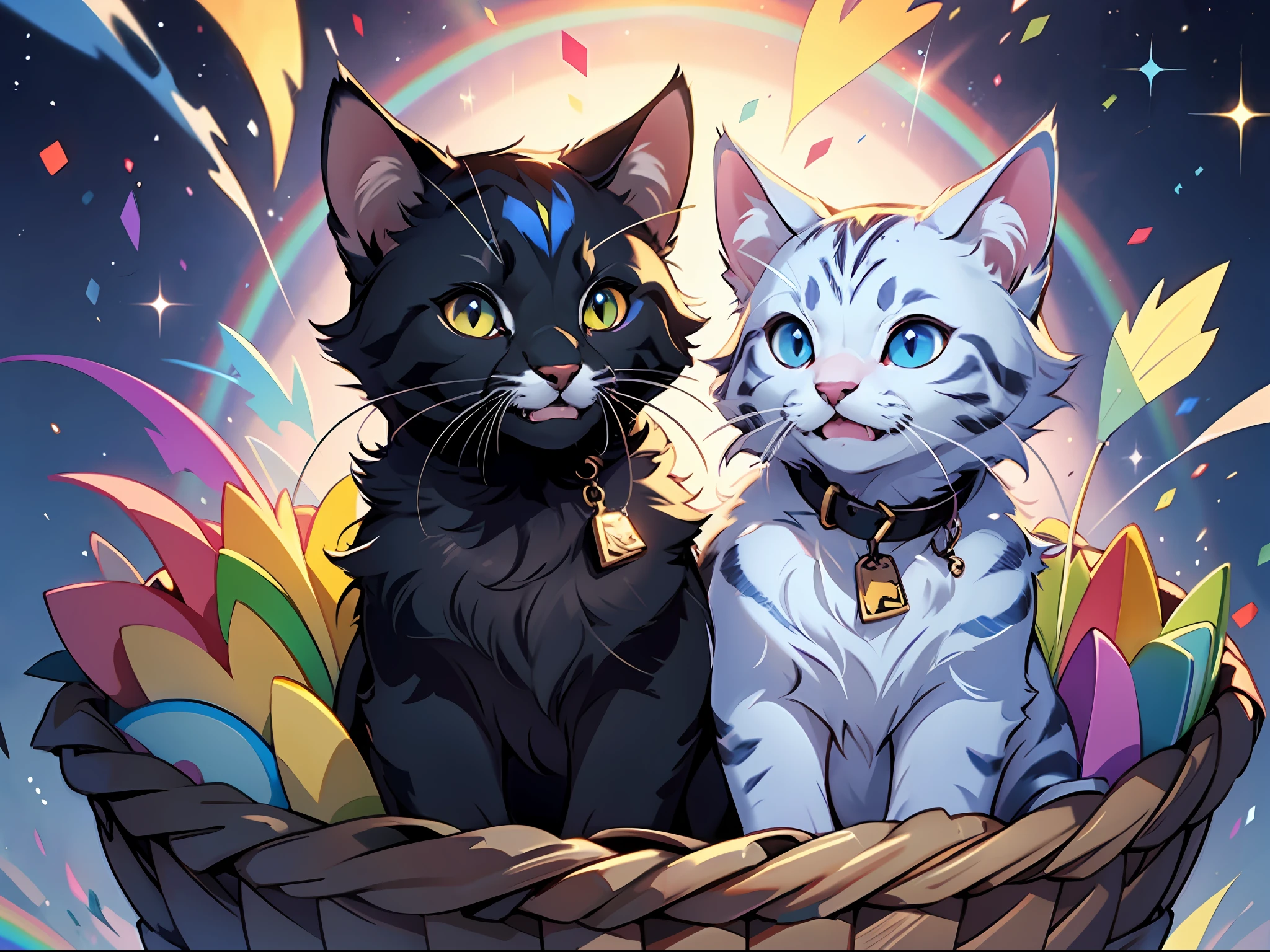 A small kitten is visible in the image, smiling a wide feline smile. He sits in a bright basket, which resembles a rainbow. The kitten has a soft and fluffy coat, which looks like this::, As if it can be stroked directly on the photo. His eyes are large and sparkling, Like two bright stars. Magic hovers around the kitten, Sparkling particles float smoothly in the air, Creating a magical atmosphere. The basket is made in bright colors of the rainbow, with every shade, which easily transitions into another. The photo was taken in high resolution, which allows you to see all the smallest details on the kitten's fur and even a smile on his face. This image is simply the best way to bring joy and magic to your day!