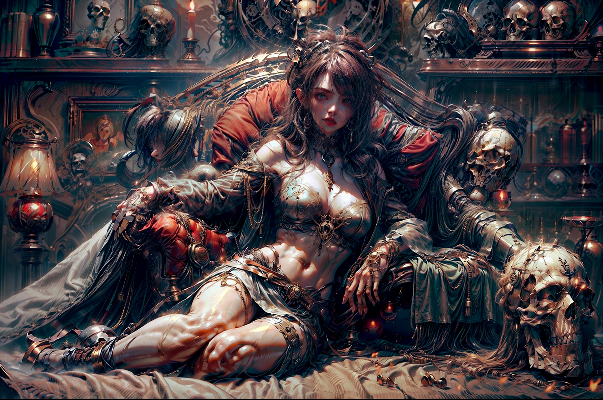 striated hair, asymmetrical bangs, crystal hair, Shiny hair, anchor choker, skull hair ornament, crystal earrings, red blush, cleavage of the breast, abdominals, thighs thighs thighs thighs, (Very shiny skin), (very juicy skin),Luxuriously decorated leather jacket、 Cinematic lighting, spark of light, reflective light, drop shadow, Best Quality, masutepiece, Anatomically correct, Textured skin, Super Detail, hight resolution, in 8K, Antique furniture on the back shelf,Lying on a luxurious long sofa, Lots of skulls rolling on the floor, Candle standing on the skull, Skull Cup,Lots of antique lamps、Candlestick candle flame