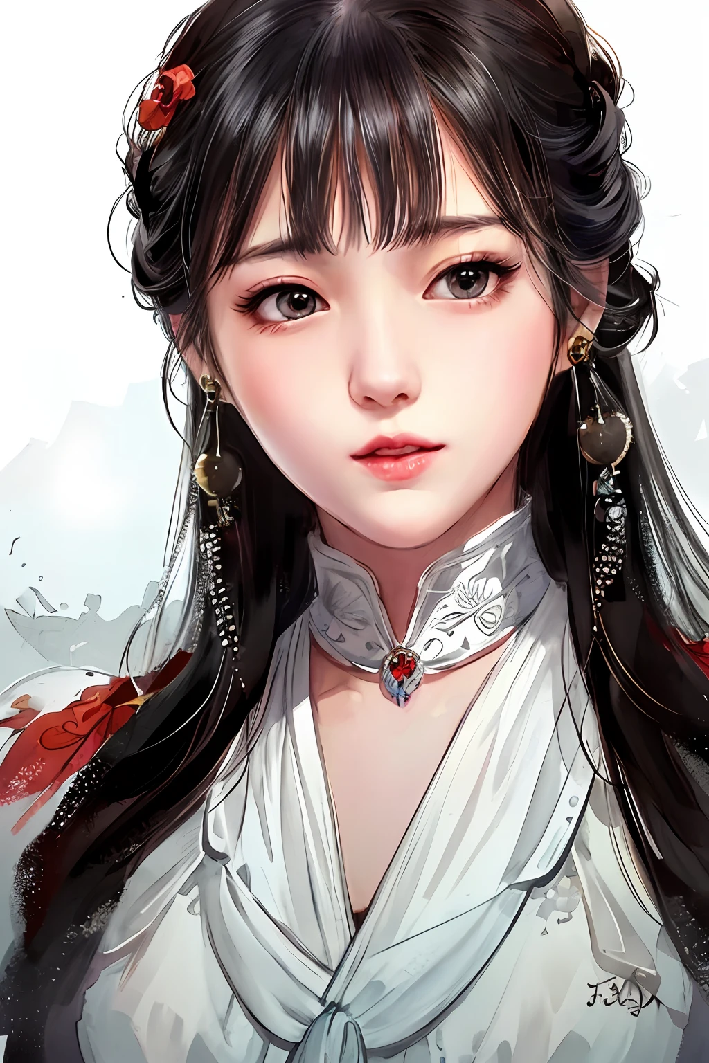 stechu,(white background:1.4), ((tachi-e)), original,(illustration:1.1),(best quality),(masterpiece:1.1),(extremely detailed CG unity 8k wallpaper:1.1), (colorful:0.9),(panorama shot:1.4),(solo:1.2), (ink splashing),(color splashing),((watercolor)), clear sharp focus,{ 1girl standing },((korean style )),flower background,outdoors,rocks, looking at viewer, make happy expressions,soft smile,pure,beautyfull detailed face and eyes,beautyfull intricacy clothing decorative pattern details, black hair,black eyes,colorwater