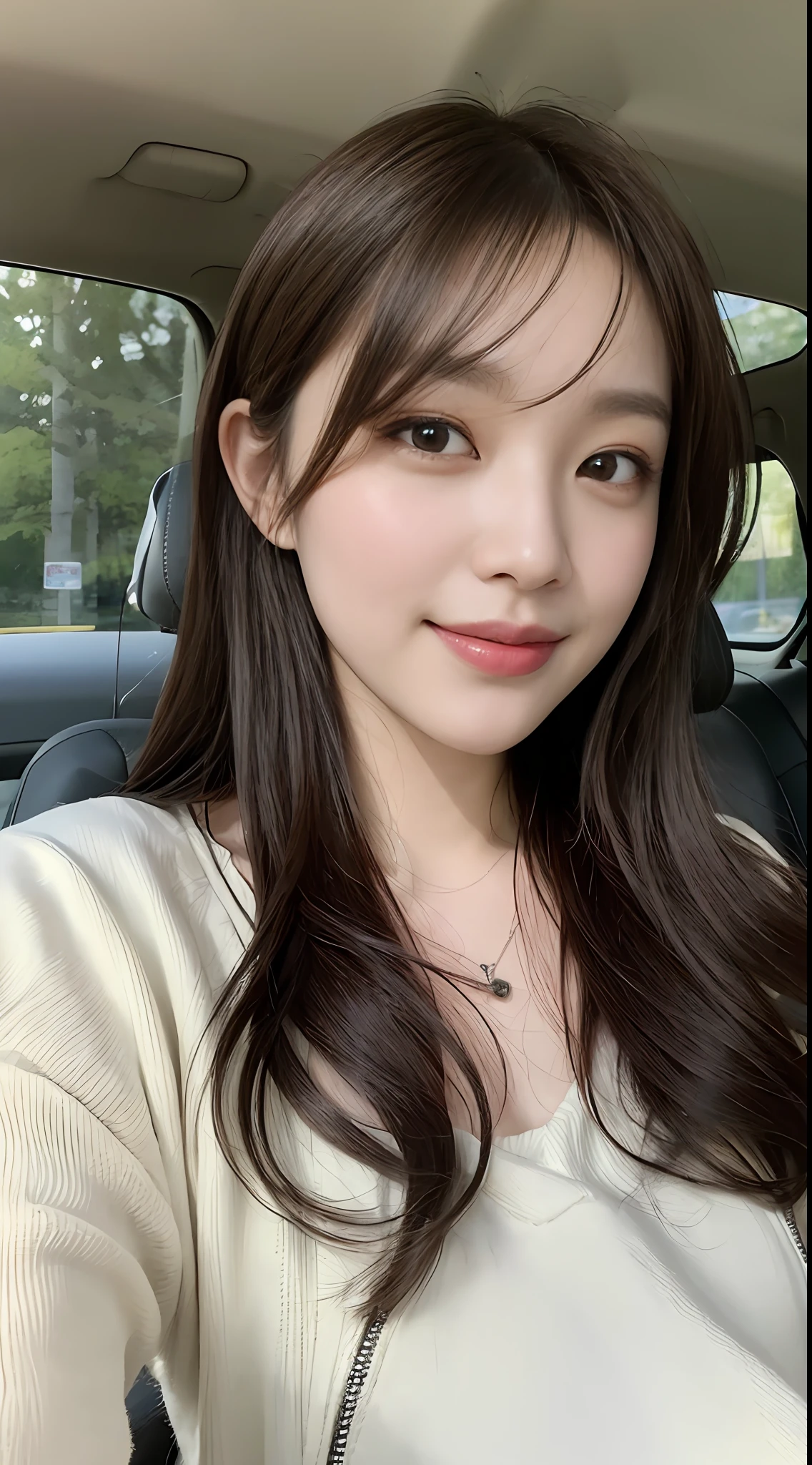 sonyoonjoo, 1girl, solo, realistic,:1.6, (tmasterpiece, Nice people,),detailed skin textures, Beautifully detailed face, 二重まぶた,dimple,ssmile,tmasterpiece, 鎖骨,white skirt。In the car