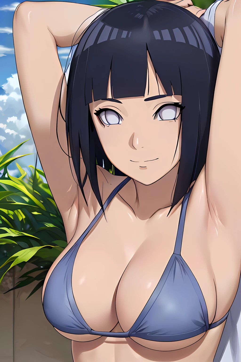 (masterpiece, anime style:1.9, bold drawing lines, plain, squating, bare body, BIG BREASTS, less clothing, rough shadows, taking off shirt, bare shoulders, sand on body, polished nails, seductive, white micro bikini, no shirt, showing off), hinata\(boruto\), mature female, sunbathing, milf, (curvy:0.8), solo, short hair, hime cut, (dark blue hair color:1.1), white, flat belly, perfect eyes, anime eyes, smoky eyeliner, eyeshadow, perfect face, shy, sharp focus, professional artwork, intricate details, colorful, vibrant colors, vivid colors, digital blending, ultra detailed body, ultra detail hair, ultra detail face, trending on pixiv, kind smile, happy, very hot colors, sunrays, beaten, holding armpit
