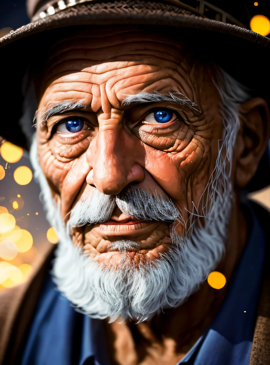 An epic close-up portrait of elderly people, e nariz com longa barba branca, emoldurado com um antigo capuz de linho branco esfarrapado desbotado, reflecting golden sparks in the irises of the eyes, sobrancelhas brancas, in the nighttime, lighting dramatic, Alto contraste, highes definition, Hiper-realismo, hiper realista, fotorrealista, alta resolução, Fotografia HDR, 8k