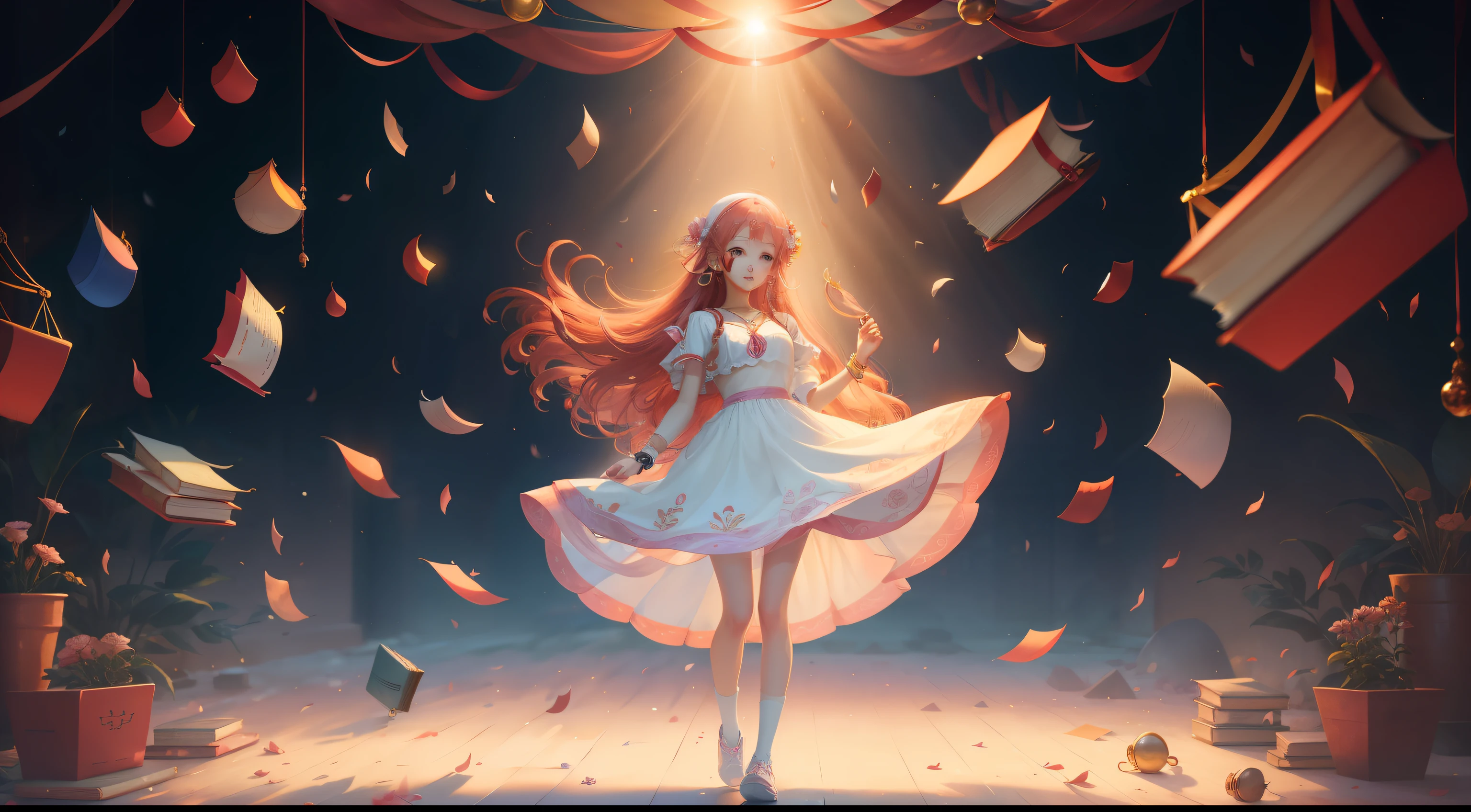 female student、holding books、standing on your feet、Long light red hair、Small and beautiful、with fair and smooth skin、Slender eyebrows、Small nose、The eyes are deep and bright、Lips are rosy and plump 、The costume is simple、vibrancy、Bright colors、cozily、耳Nipple Ring、Bracelet、hair adornments、head gear、Wrist watch、Playful、Girly、stocklings、fresh flowers、Falling debris、Full body like、dignified、中景 the scene is --auto