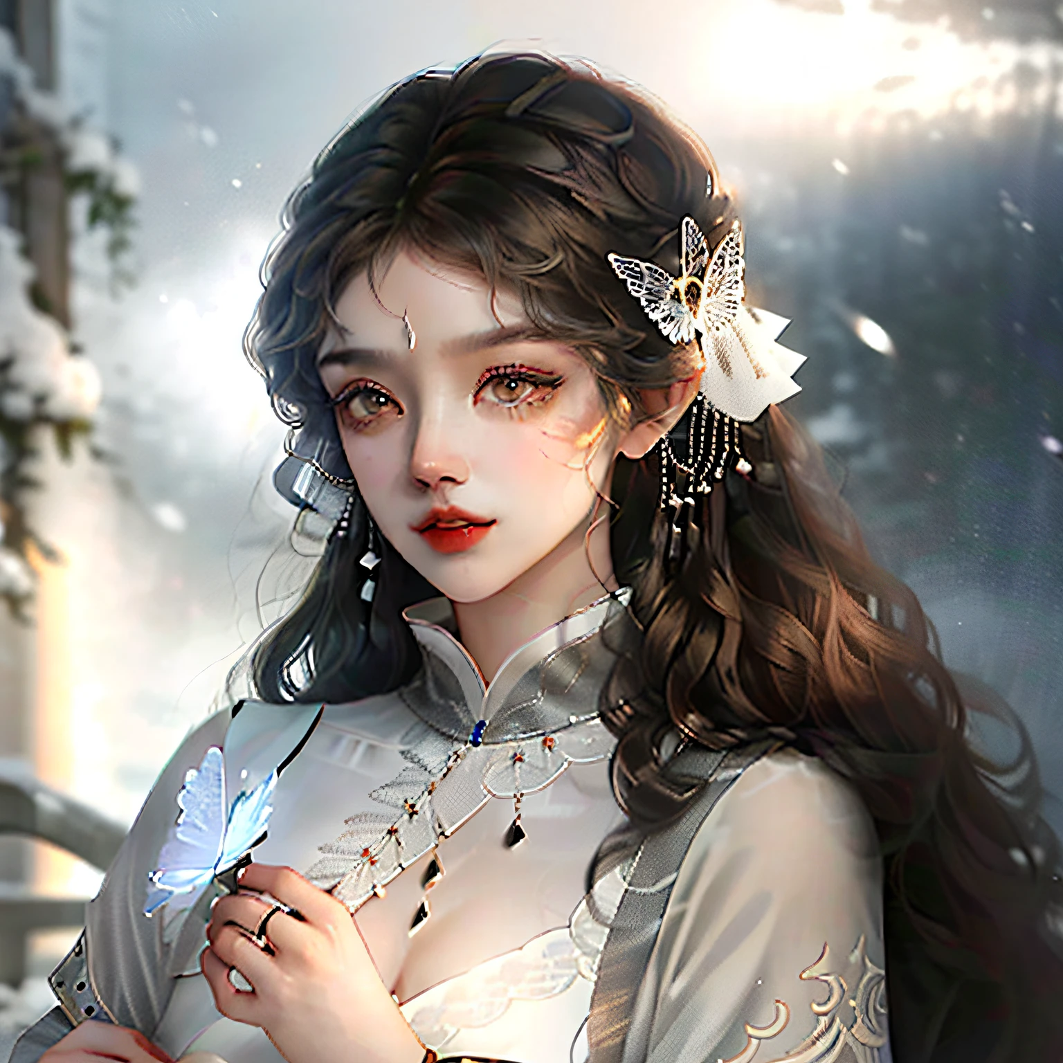 A curly brown hair，Wear a high-slit tight skirt，The cheongsam is white，There is a white fluffy shawl，There is a ring on the hand，The cheongsam has this ice and snow motif on it，The shawl is fluffy，No sleeves and a black glove，There are several ice butterflies flying around