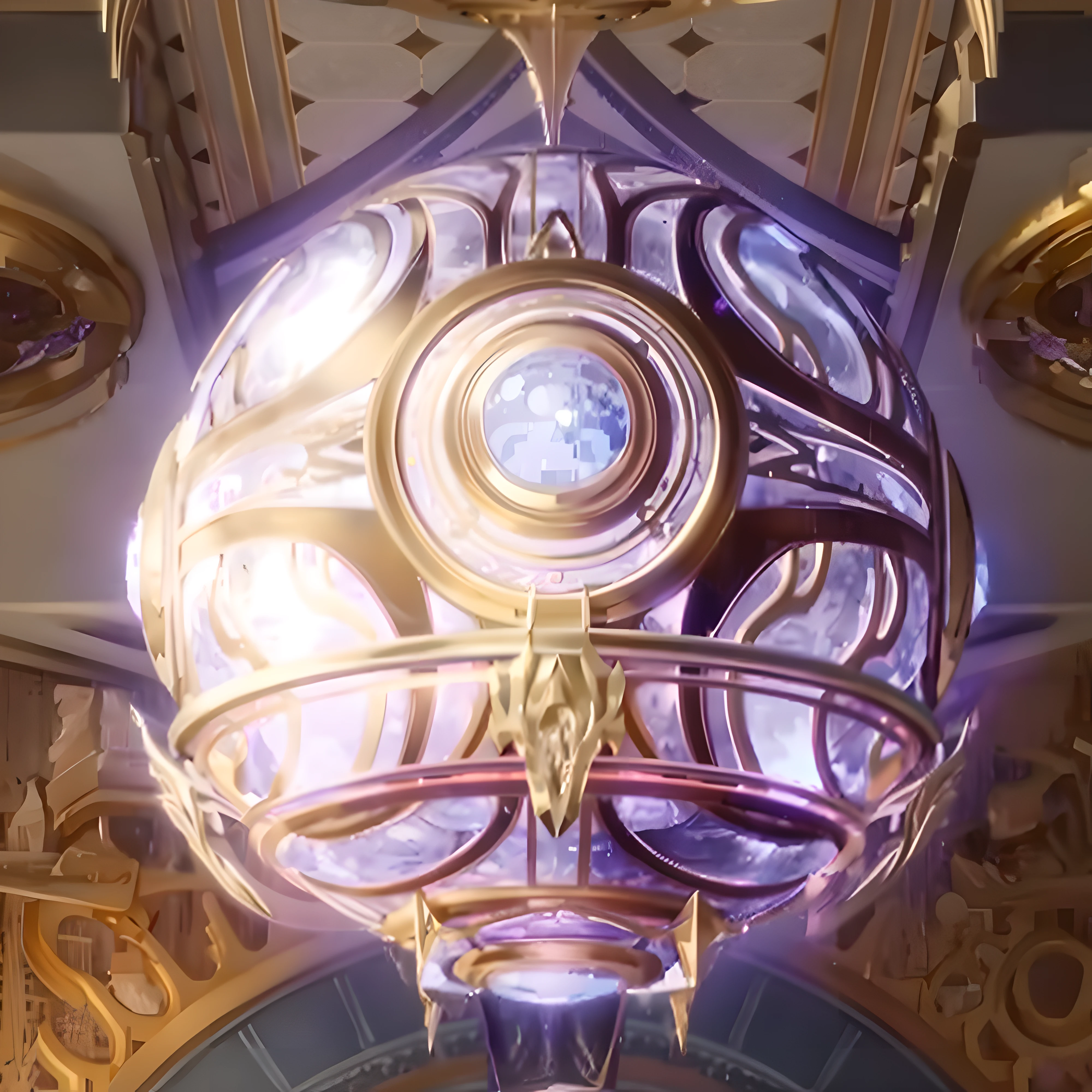 A purple and gold headlamp hangs from the ceiling, intricate ornate anime cgi style, the orb of time, the orb of eternity, intricate ornament halo, ornate gilded cosmic machine, the orb of dreams, orb of agamento, hyper detailed ornament, the orb of truth, unreal engine render saint seiya, infinite celestial library, Smooth zenith lighting