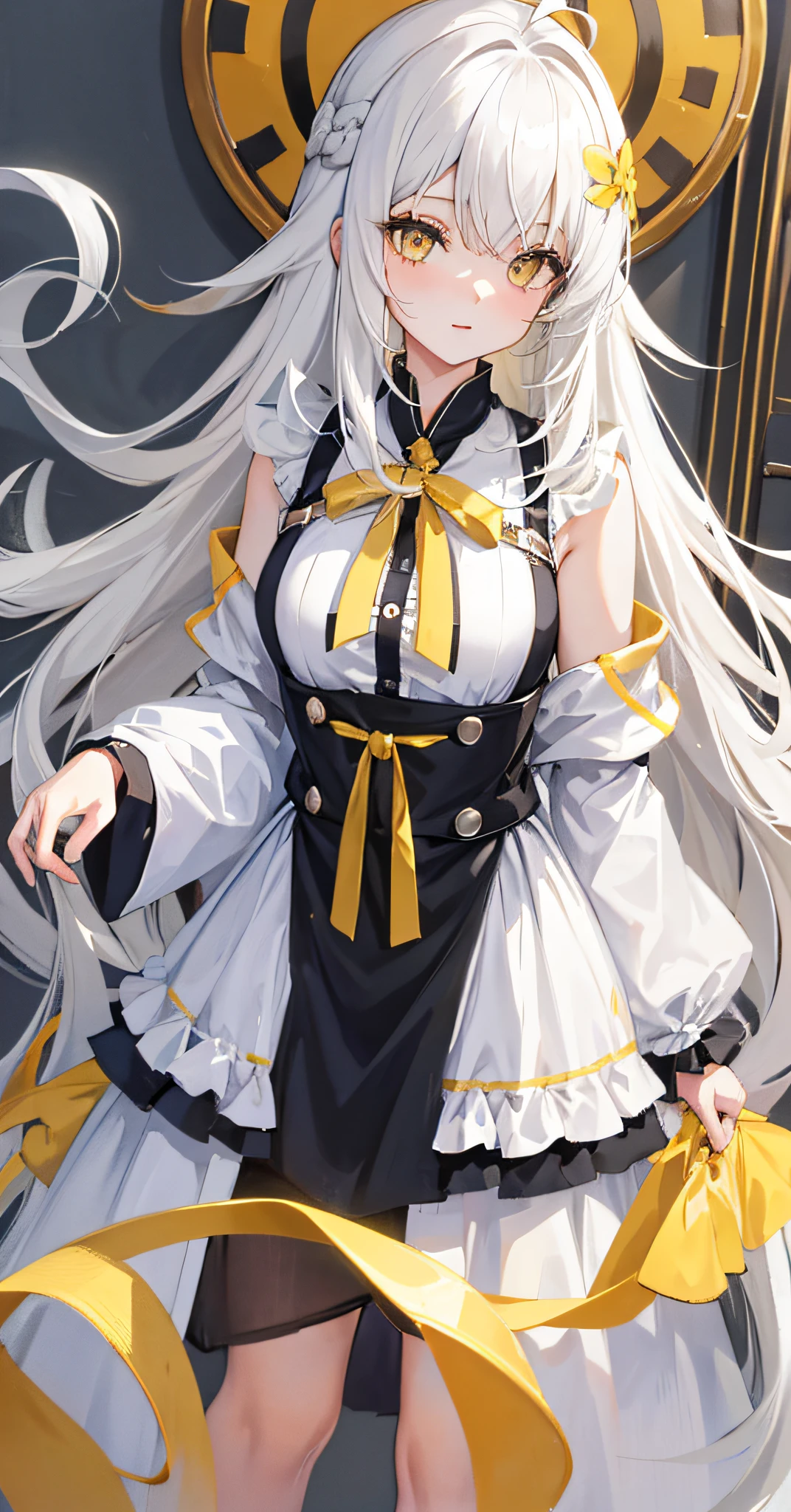 1girl,ahoge,casual,yellow_eyes,longhair,hair_ornament,white_hair,