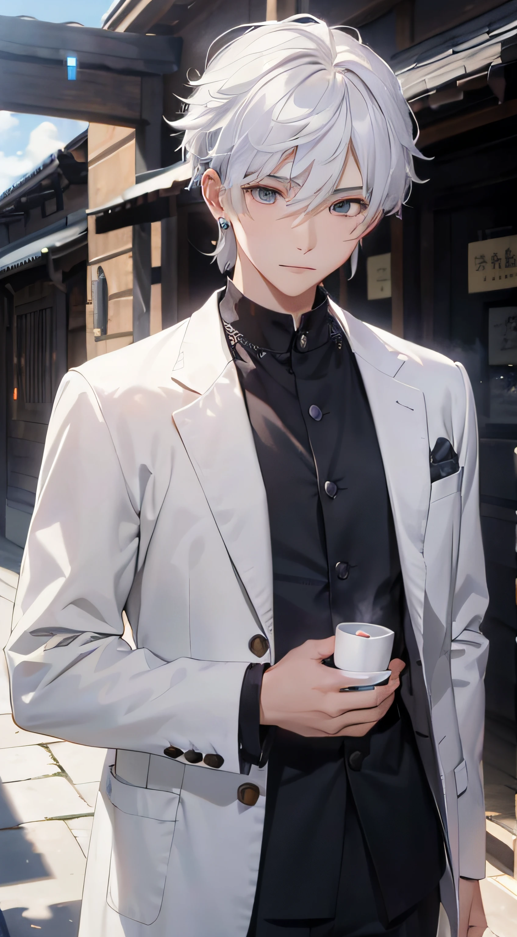 (absurderes、hight resolution、ultra-detailliert、nffsw)、masterpiece、top-quality、、独奏、a handsome、shorth hair、white hair、finely eye and detailed face、Casual clothing、Real Shadows、Joy、Connecting ears、The upper part of the body、Blur the background、
