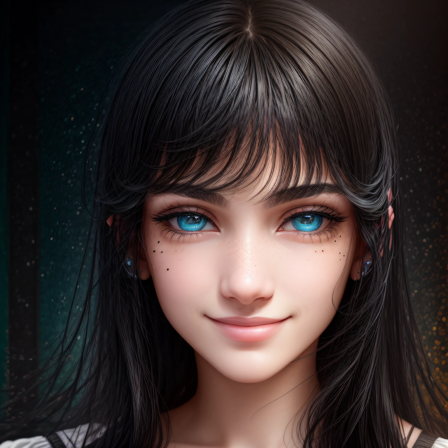 crossed bangs, black hair, mole under eye, aqua eyes, grin, Surrealism, modern, Renaissance, Romanticism, stereogram, close-up, Fujifilm, textured skin, masterpiece, ccurate, high quality, best quality, UHD, high details --auto