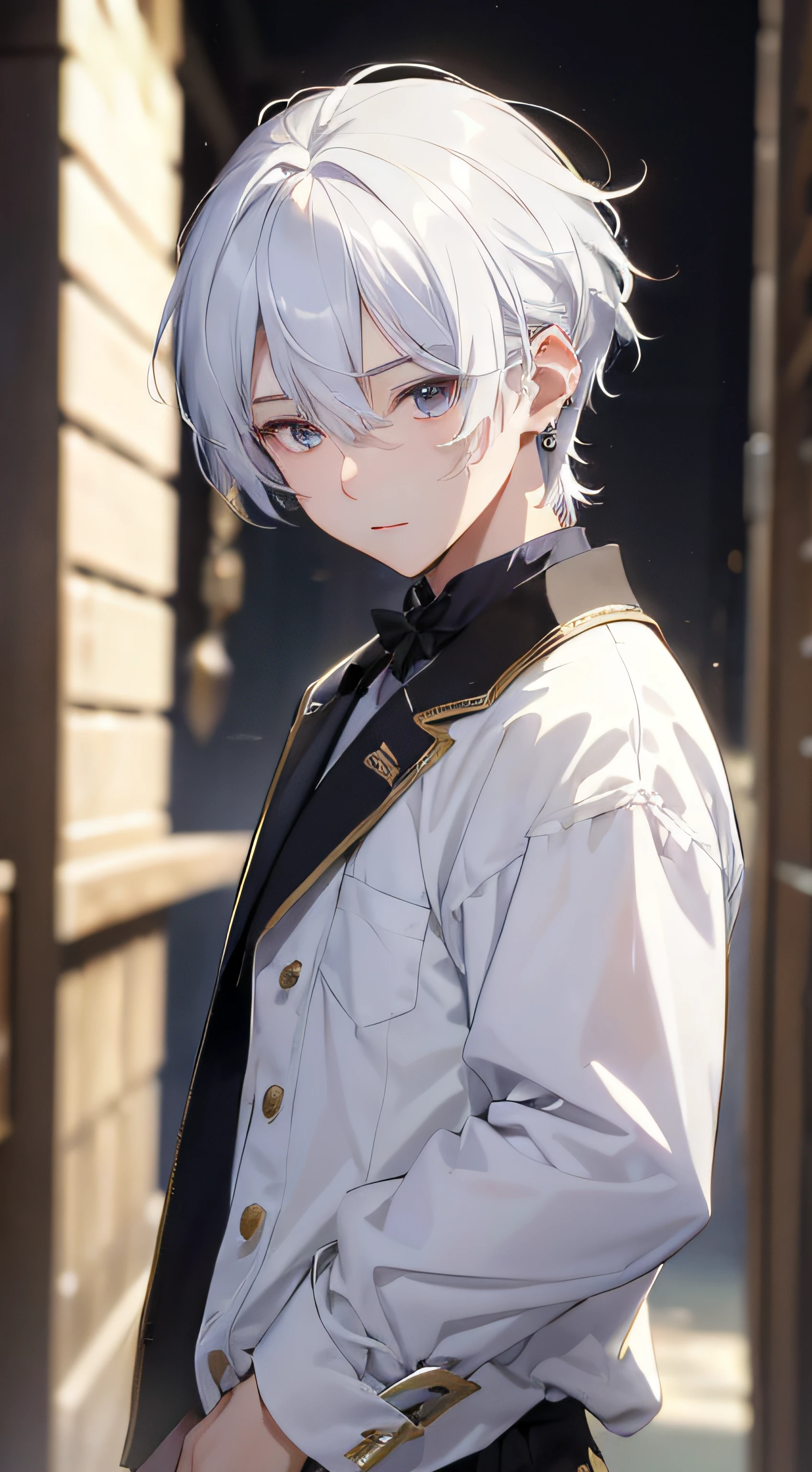 (absurderes、hight resolution、ultra-detailliert、nffsw)、​masterpiece、top-quality、Male child、独奏、a handsome、shorth hair、white  hair、finely eye and detailed face、Casual clothing、Real Shadows、Joy、Connecting ears、The upper part of the body、Blur the background、