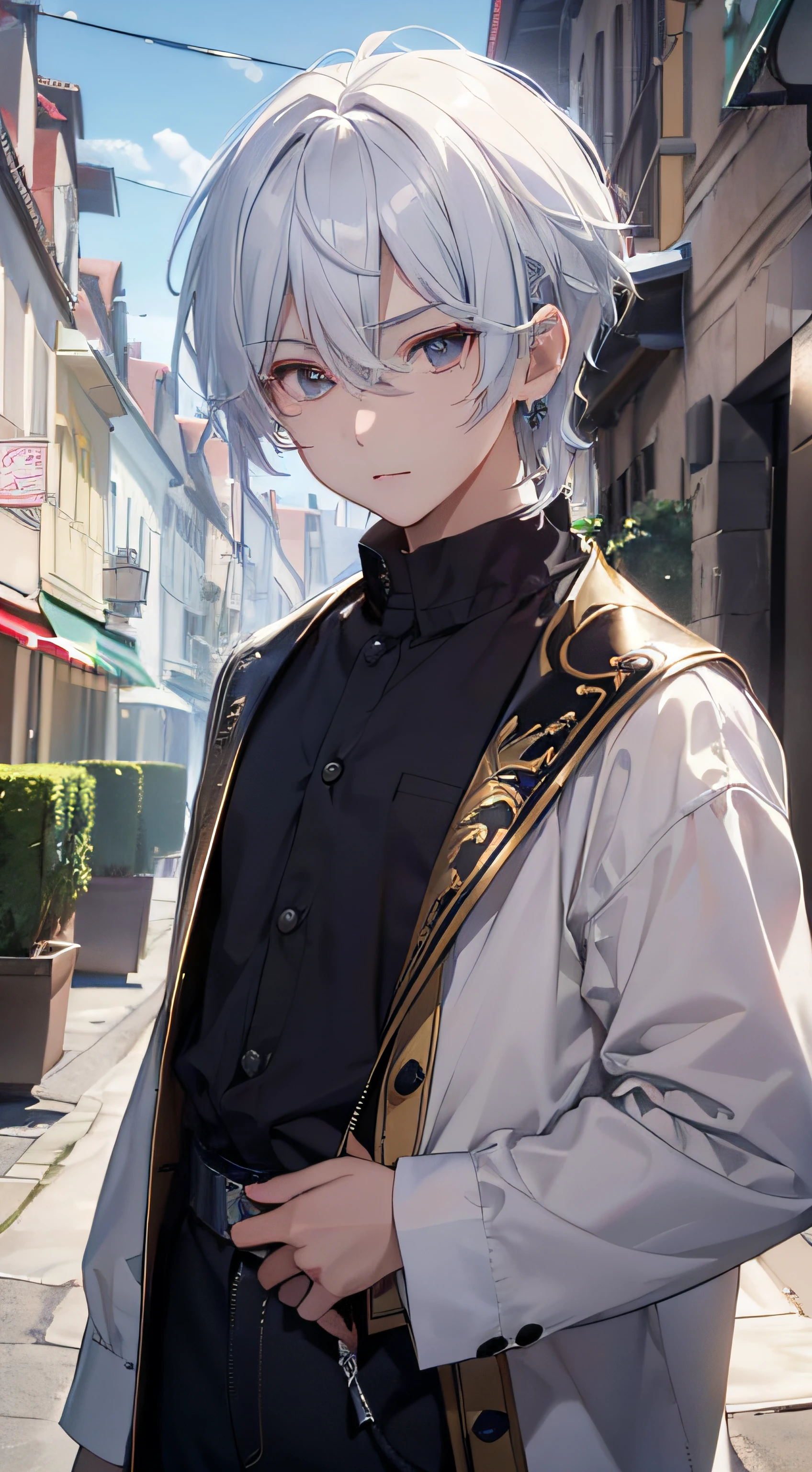 (absurderes、hight resolution、ultra-detailliert、nffsw)、masterpiece、top-quality、Male child、独奏、a handsome、shorth hair、white hair、finely eye and detailed face、Casual clothing、Real Shadows、Joy、Connecting ears、The upper part of the body、Blur the background、