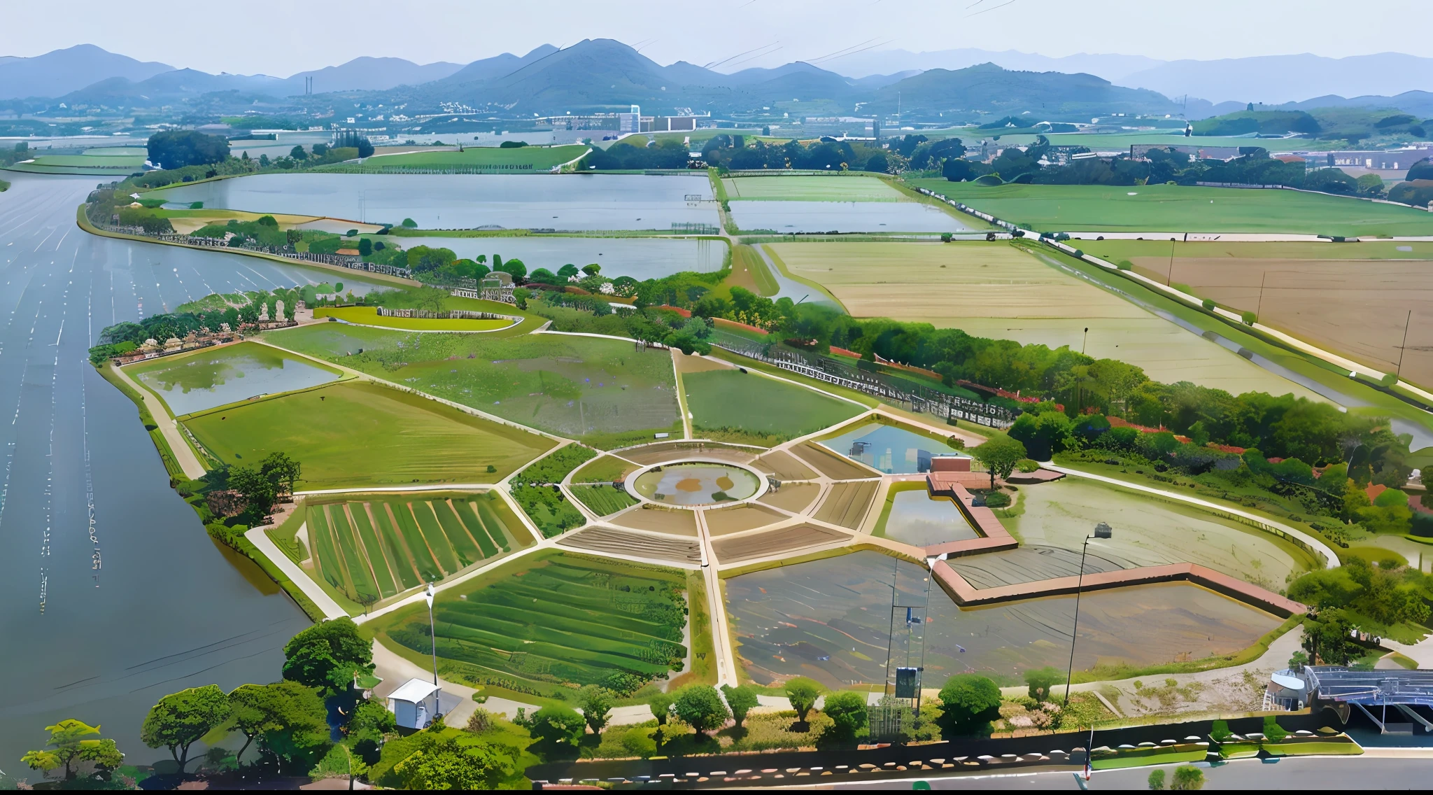 Aerial view of the park with ponds and fountains, terraced orchards and ponds, countryside in japan, with flower fields as foreground, parks and gardens, korean countryside, sangyeob park, natural botanical gardens, planties, grass field surrounding the city, wide view of a farm, looking from above, zun, idyllic and fruitful land, author:Simon Garn