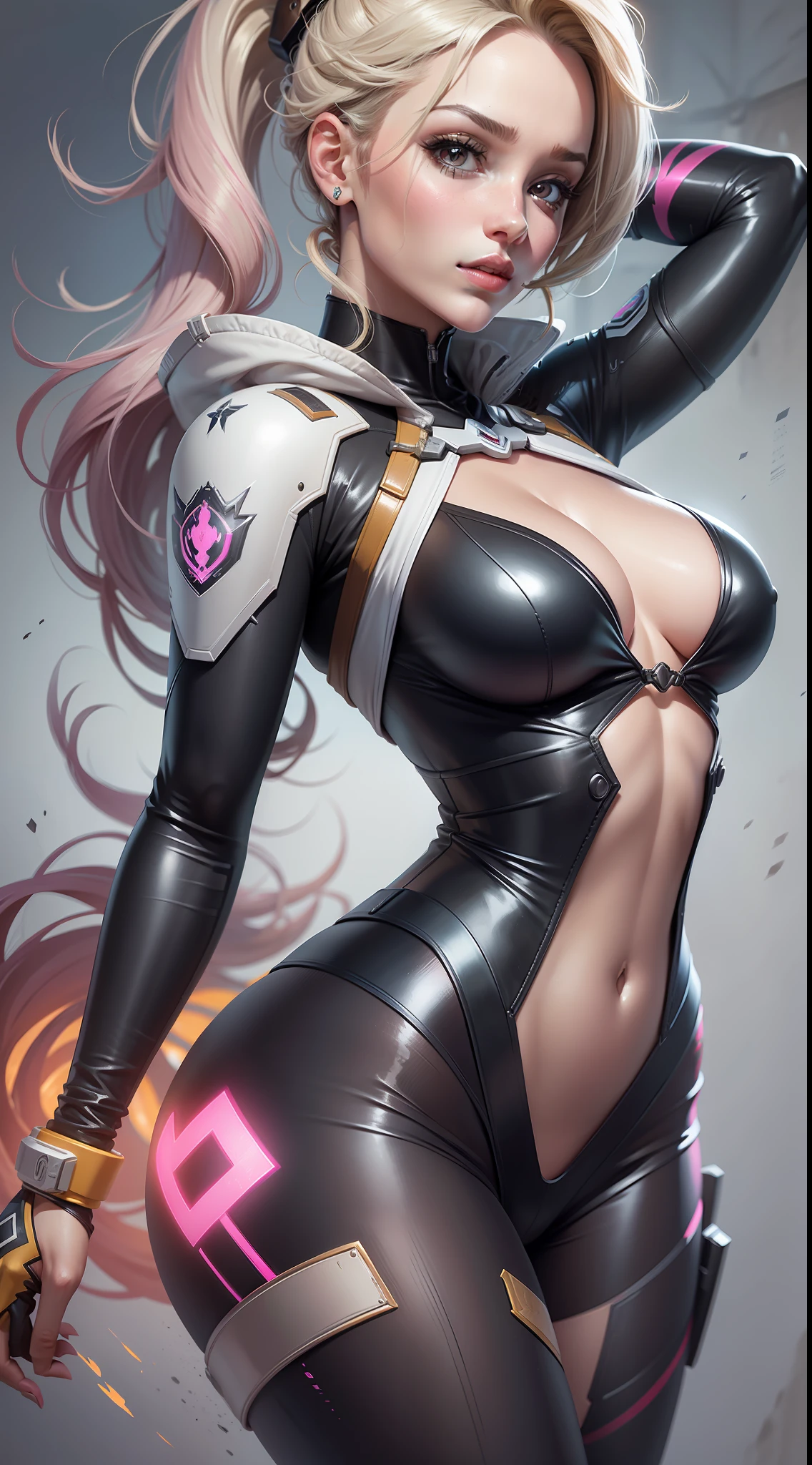 (obra-prima, melhor qualidade), detalhes intrincados, 1girl, 1girl, mercy (overwatch), solo, cabelo comprido, , bodysuit, luvas, seios, olhos , traje de latex, tiro de cowboy, luvas brancas, middlebreasts, franja , pele apertada, animal print, franja, estampa de anjo, bodysuit nervurado, pink lips,