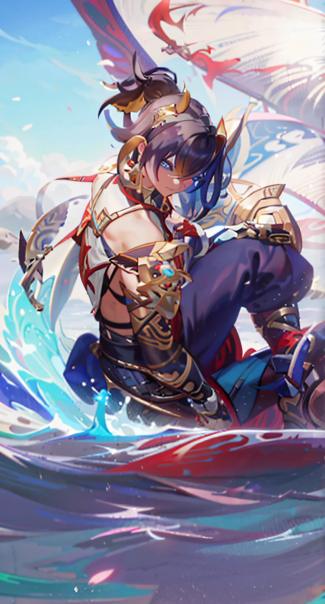 Close-up of a man riding a surfboard on a wave, 2. 5 D CGI anime fantasy artwork, Keqing from Genshin Impact, hero 2 d fanart artsation, granblue fantasy, shadowverse style, Genshin, Extremely detailed Artgerm, Banner, Splash Art, Onmyoji detailed art, WLOP and Sakimichan