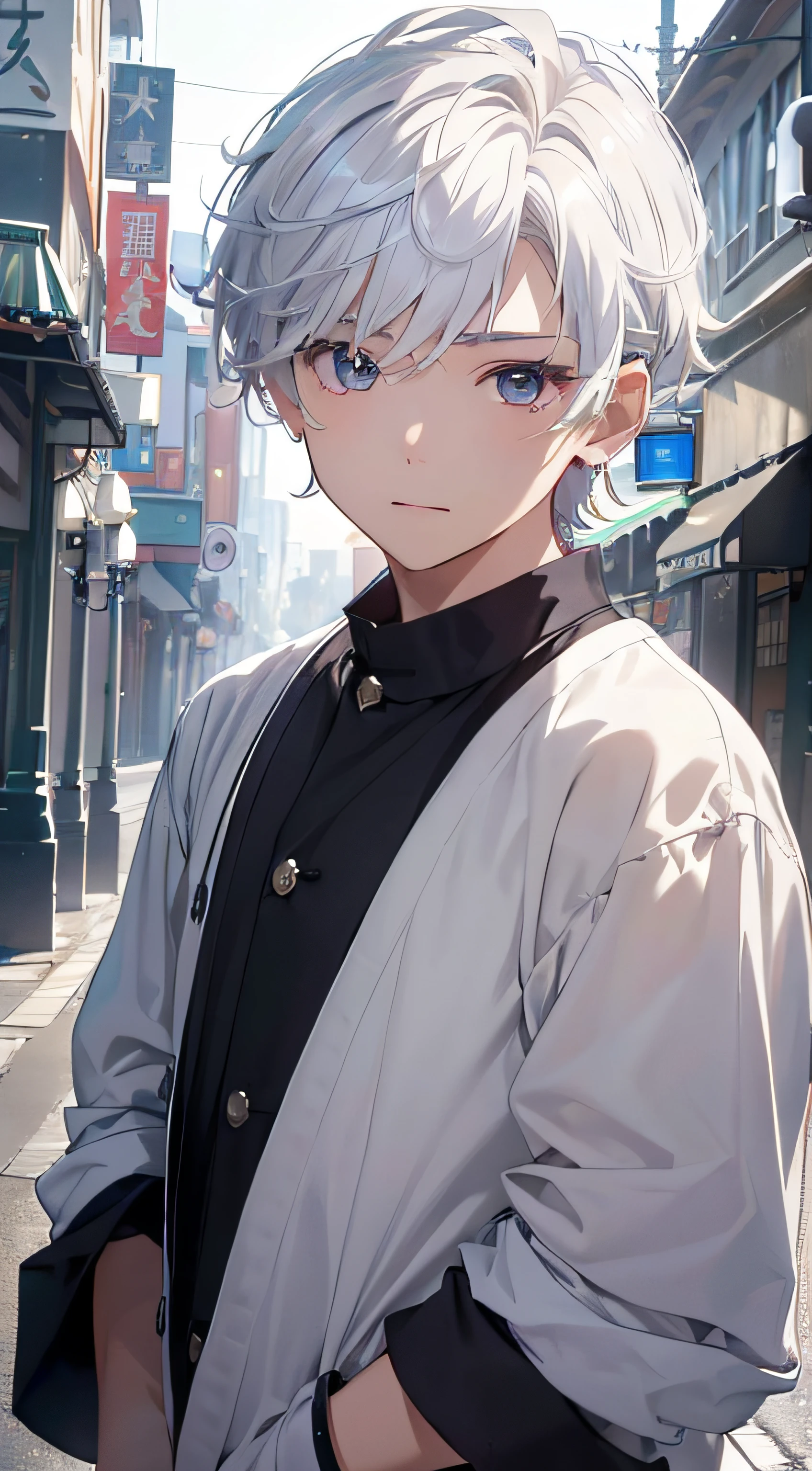 (absurderes、hight resolution、ultra-detailliert、nffsw)、​masterpiece、top-quality、、独奏、a handsome、shorth hair、white  hair、finely eye and detailed face、Casual clothing、Real Shadows、Joy、Connecting ears、The upper part of the body、Blur the background、