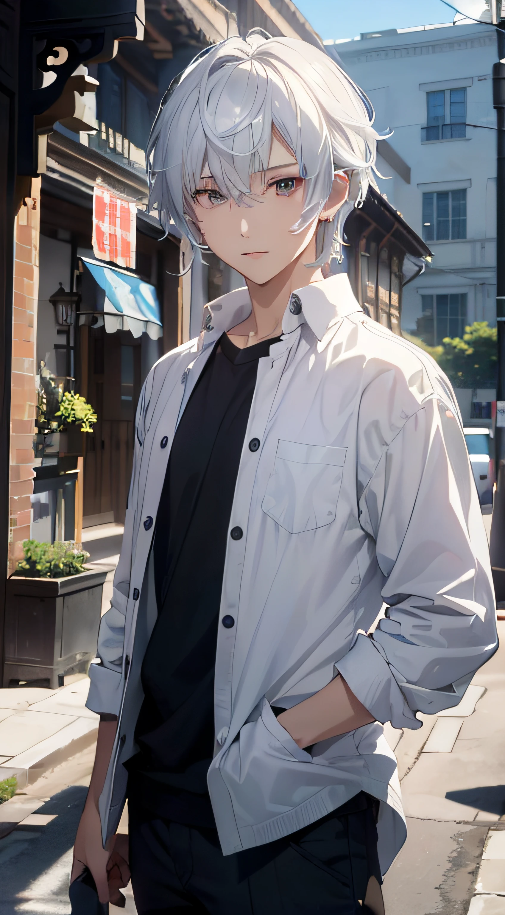 (absurderes、hight resolution、ultra-detailliert、nffsw)、​masterpiece、top-quality、Male child、独奏、a handsome、shorth hair、white  hair、finely eye and detailed face、Casual clothing、Real Shadows、Joy、Connecting ears、The upper part of the body、Blur the background、