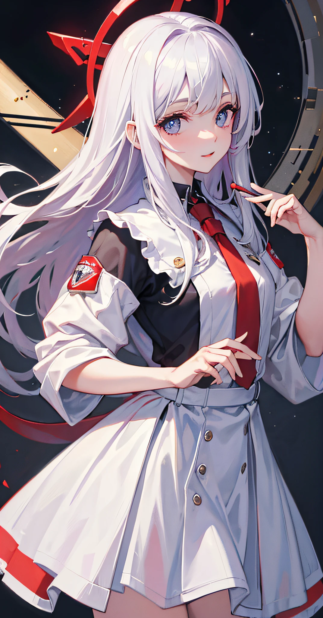 ((masterpiece)),((bestquality)),((extremelydetailed)),CG,8k,(sciencefiction:1.2),solo,1girl,standing,(petite),facingtheviewers,highlydetailedsymmetricalfaces,beautifulintricateeyes,neatfigure,whitehair,redeyes,(redhalo:1.2),luminouspupils,(scientist:1.2),whiteskirt,shirt,doctor'soverall,headsetwithantenna,