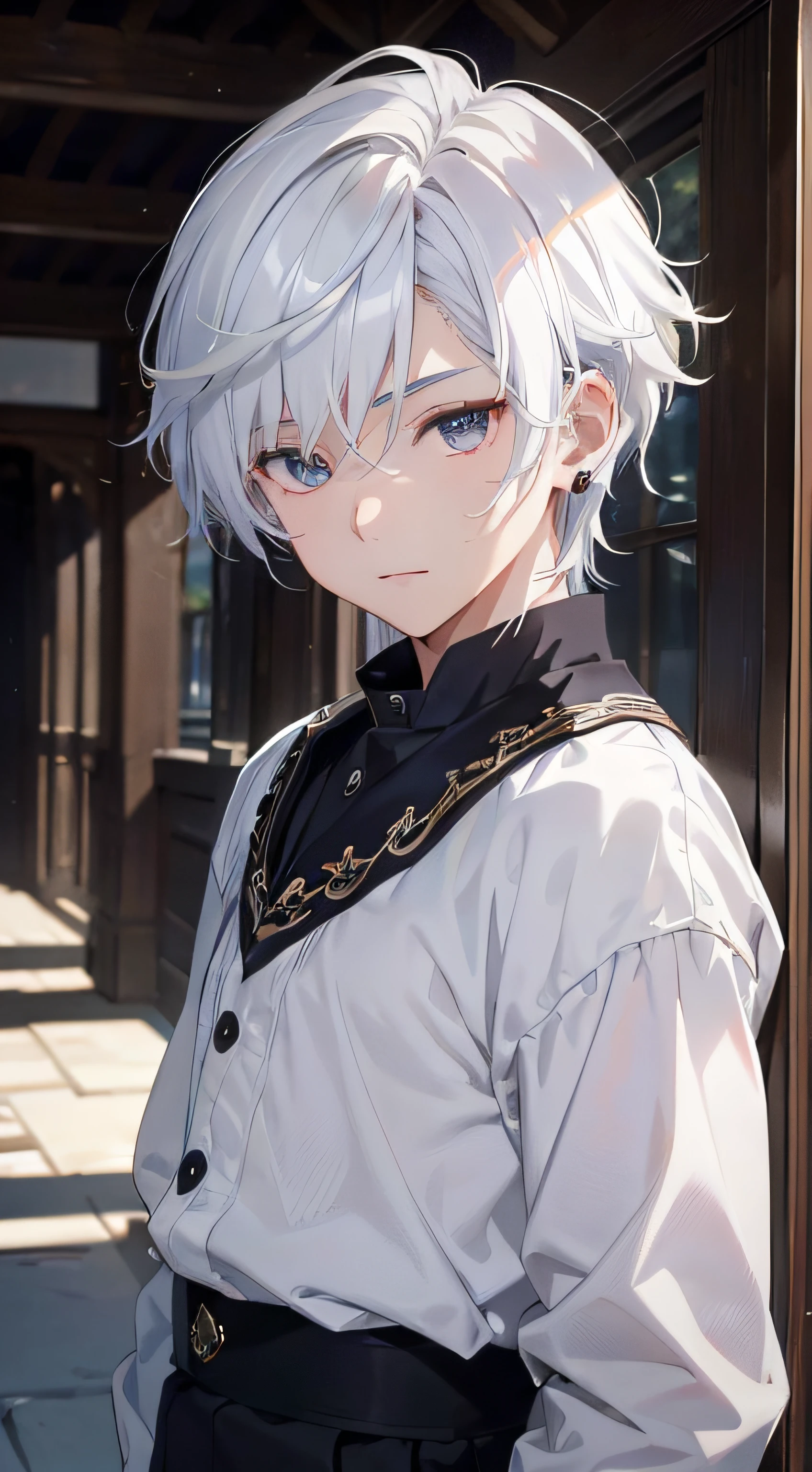 (absurderes、hight resolution、ultra-detailliert、nffsw)、​masterpiece、top-quality、**********、独奏、a handsome、shorth hair、white  hair、finely eye and detailed face、Casual clothing、Real Shadows、Joy、Connecting ears、The upper part of the body、Blur the background、