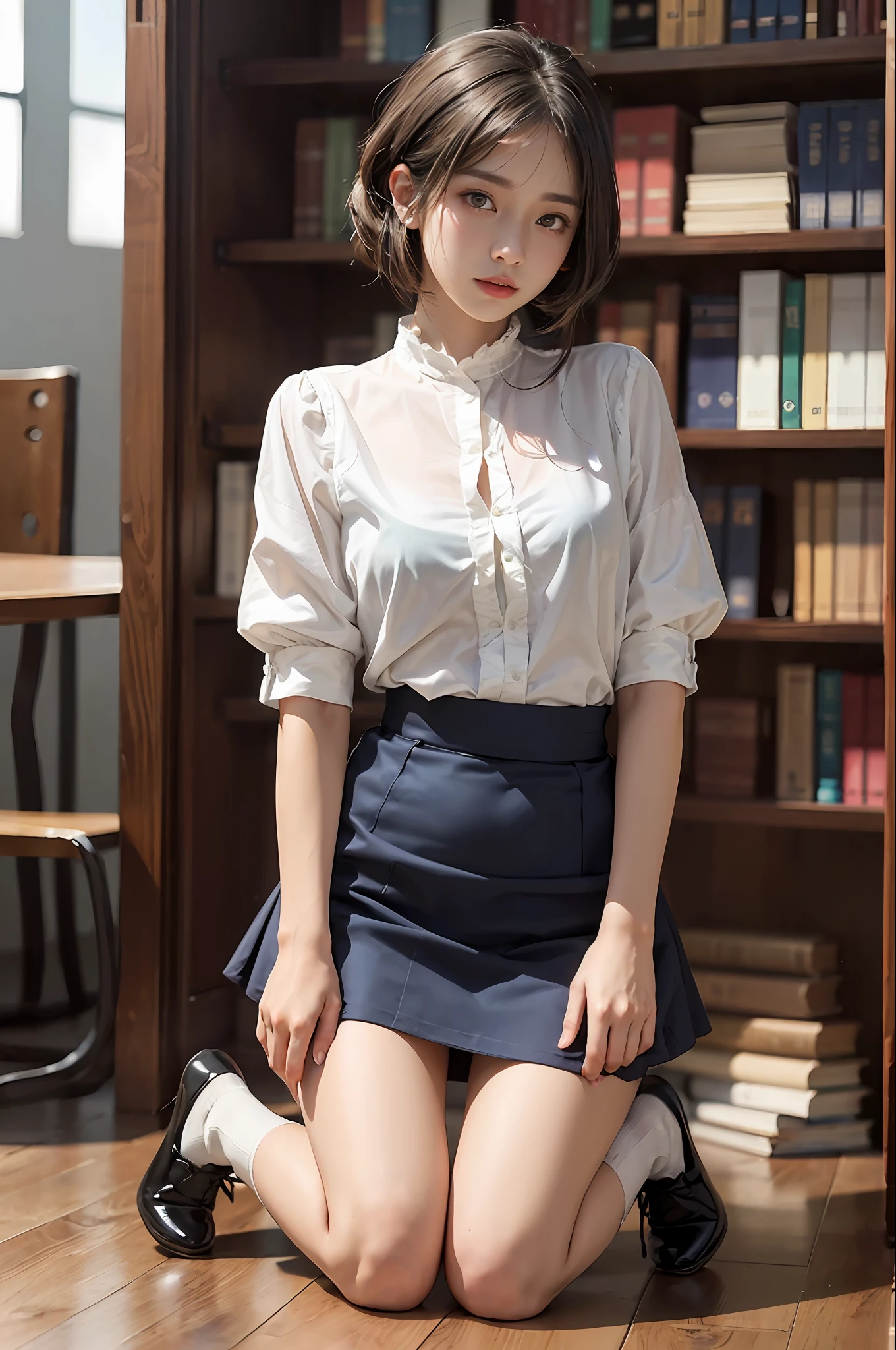 (hi-top fade:1.3)、Subdued Color、(natural skin textures、Hyper-Realism、Soft light、Soft Diffuse Lighting)、1人の女性、(White blouses、Dark blue tight skirt)、(Silk white ankle-length socks and black pumps), wavy gray-brown hair adorned with ribbons、((Getting down on one knee to pick up a book that fell on the floor in front of the bookshelf))、Peaceful atmosphere in the library、Library shelves full of books