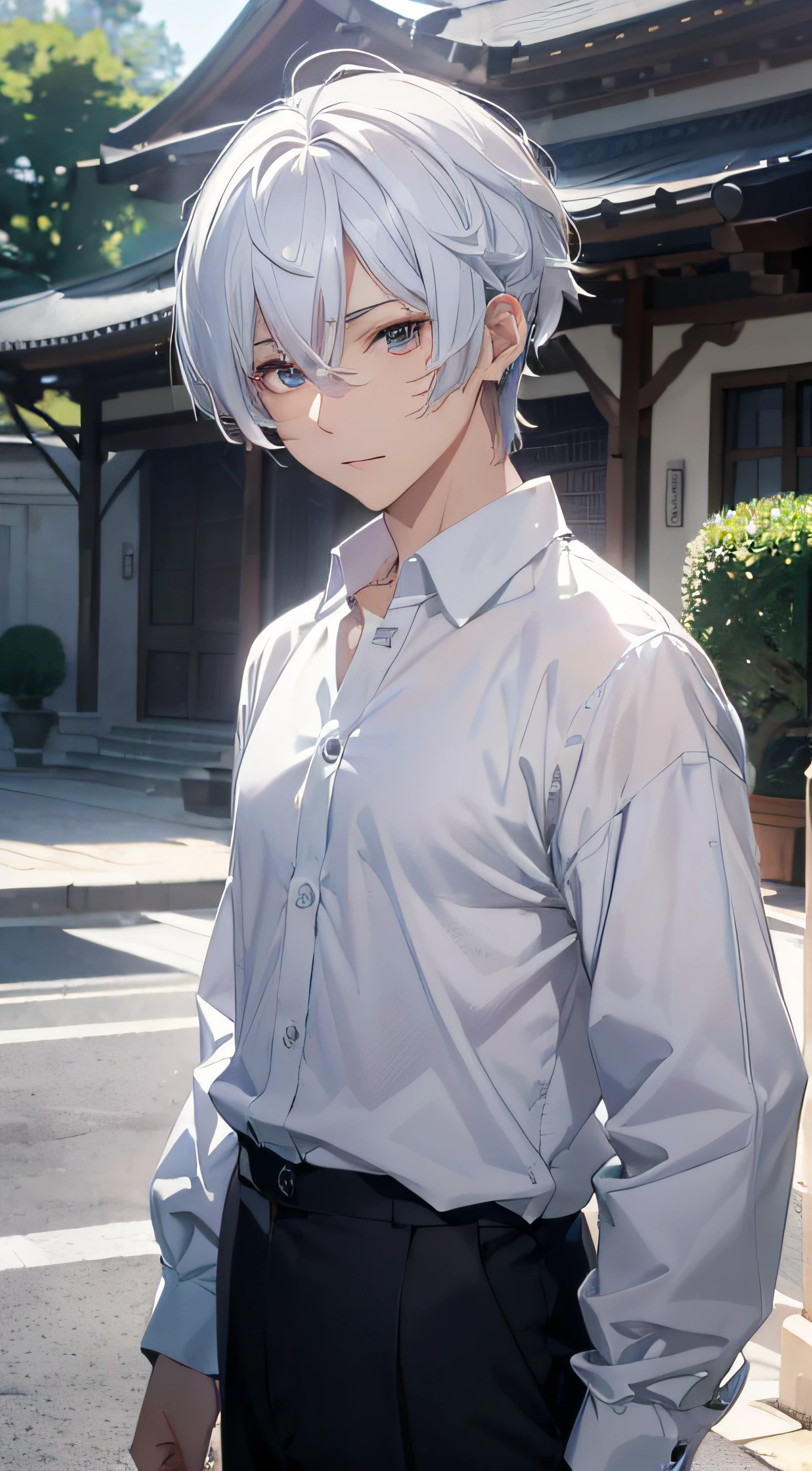 (absurderes、hight resolution、ultra-detailliert、nffsw)、​masterpiece、top-quality、Male child、独奏、a handsome、shorth hair、white  hair、finely eye and detailed face、Casual clothing、Real Shadows、Joy、Connecting ears、The upper part of the body、Blur the background、