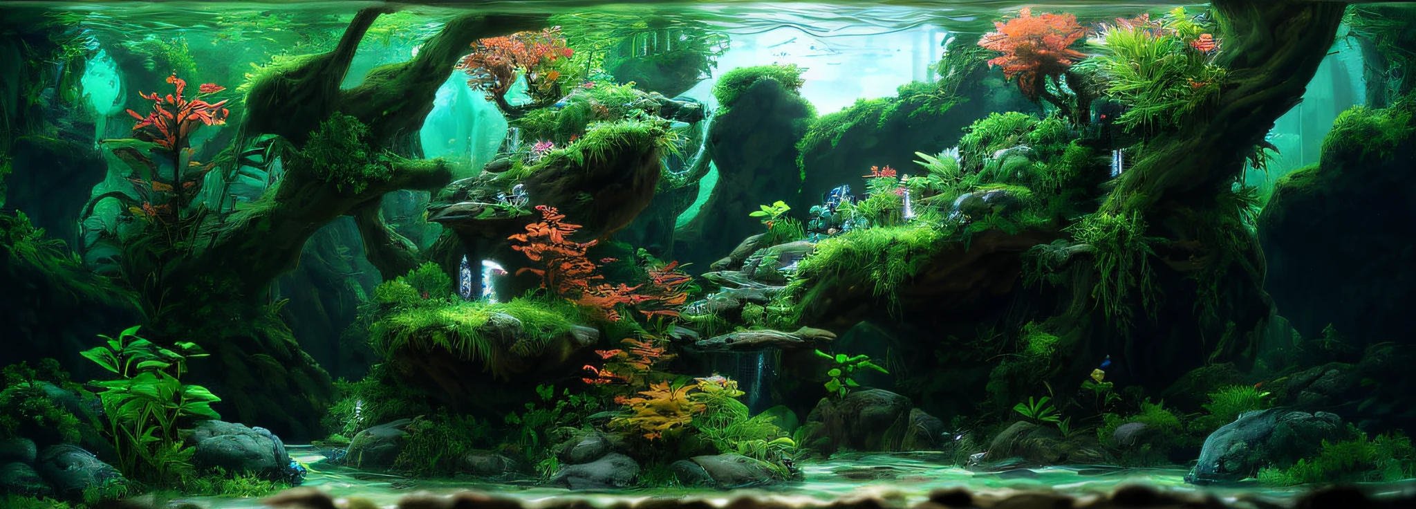 Hyper-detailing,hyper HD,Hyper-detailing,best qualtiy,astounding,top Quority,the Extremely Detailed CG Unity 8K Wallpapers,cinmatic lighting,There is a fish tank,Inside there are plants and rocks, View of Iwaguchi Aquarium, fish tank, Beautiful environment, Aquarium life, Aquarium, big aquarium, river with low hanging plants, overgrown with aquatic plants, Lush surroundings, Water flows inside the terrarium, overwhelming depth and detail, Peaceful environment, high light on the left, big breasts beautiful!the wallpaper, Lake, zori, ln the forest, Detailed forest,the rainforest, Clouds, tmasterpiece, cinematic ligh, softlighting, depth of fields, Ray traching, reflection in water, hentail realism, Ulla detailed,hdr,Realistic lighting,Photoreality