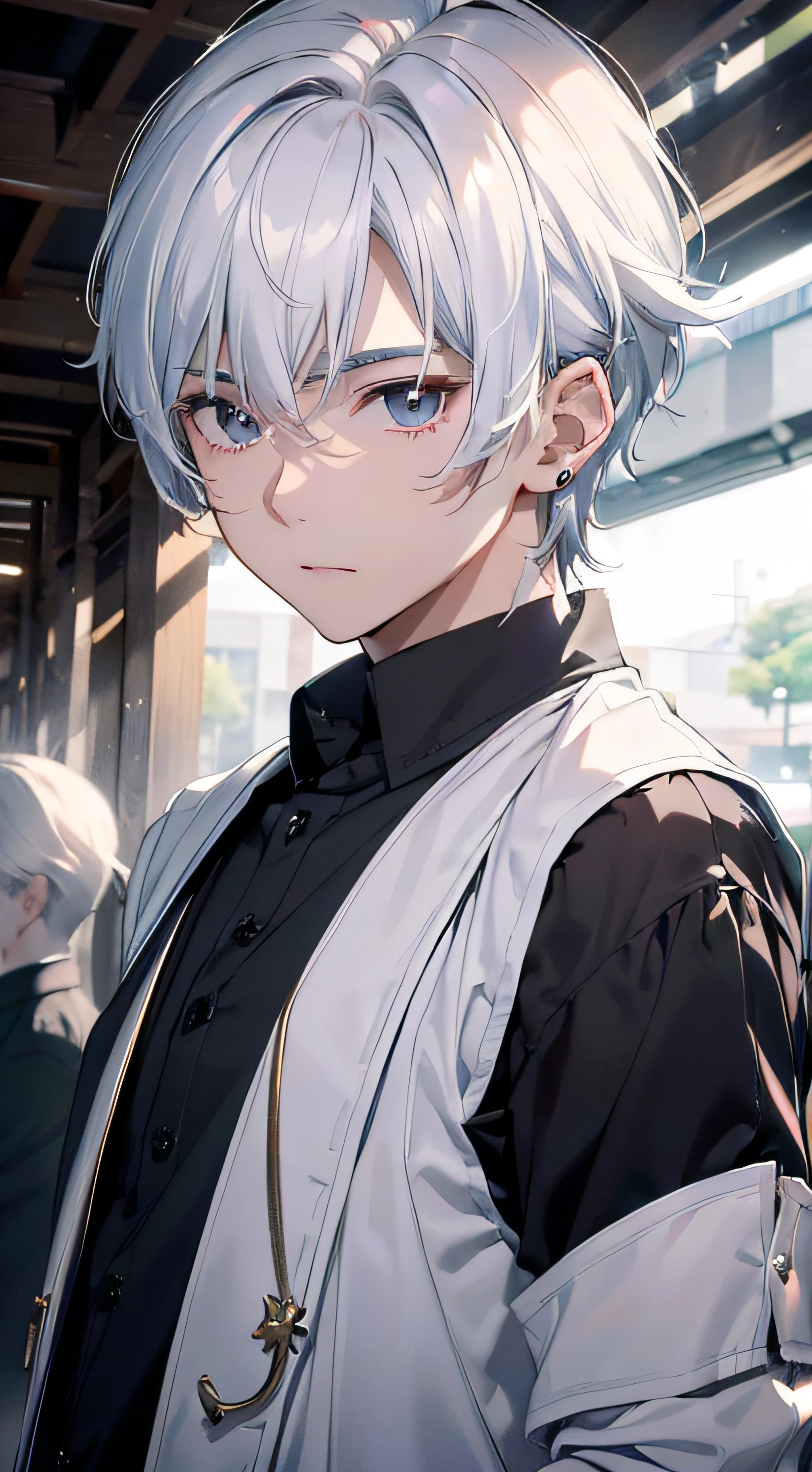 (absurderes、hight resolution、ultra-detailliert、nffsw)、masterpiece、top-quality、、独奏、a handsome、shorth hair、white hair、finely eye and detailed face、Casual clothing、Real Shadows、Joy、Connecting ears、The upper part of the body、Blur the background、